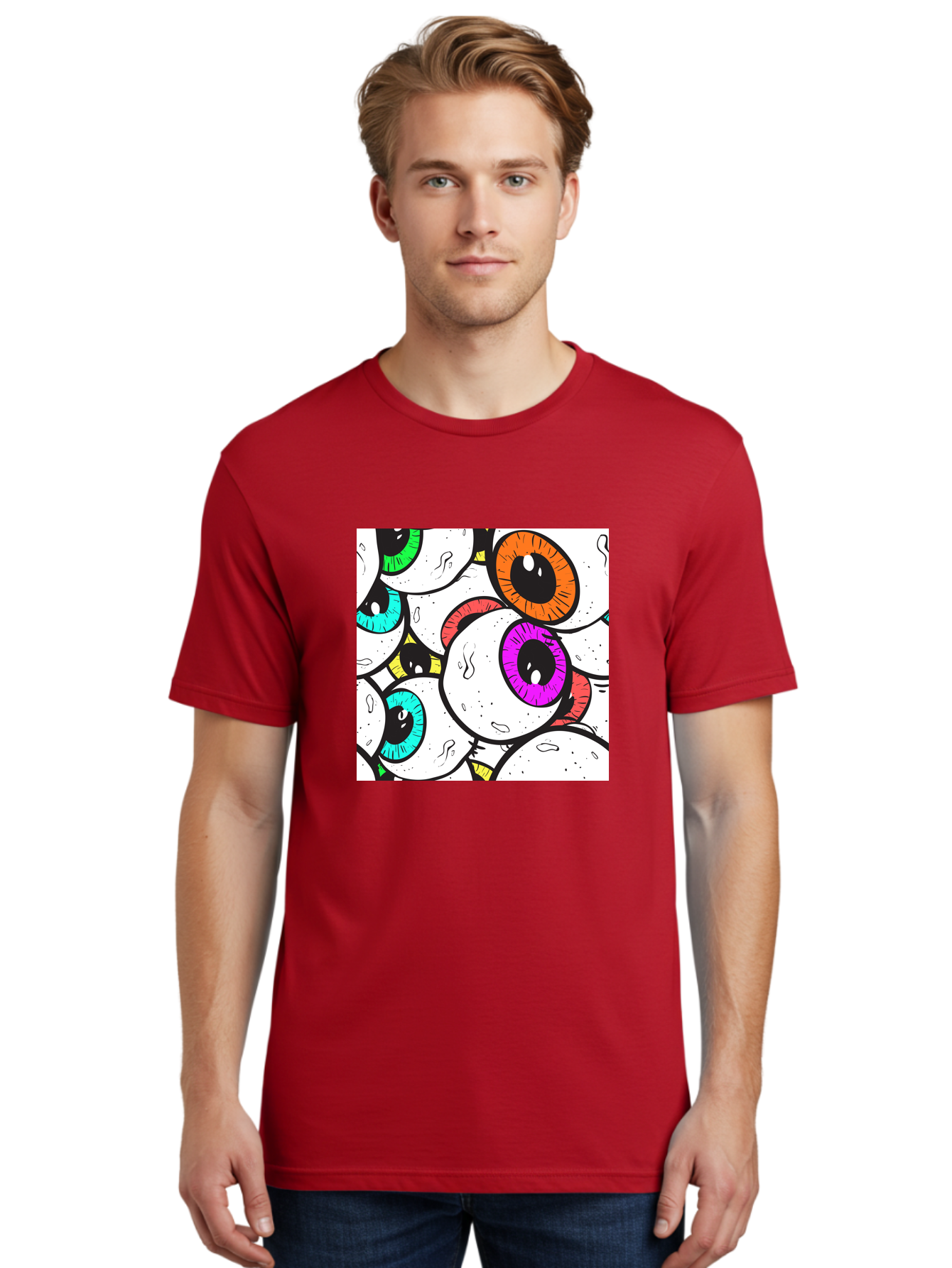 Cartoon-Eyes Men'S Graphic Tee, 100% Cotton, Comfortable Casual Summer Wear, Machine Washable, Cartoon Eyes, Vibrant Colors, Colorful Irises, Eyeballs, Illustration Art, Quirky Design, Playful Graphics, Eye-Catching Visuals, Modern Graphics, Aac381