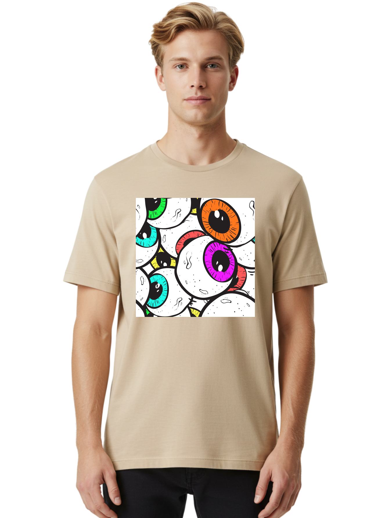 Cartoon-Eyes Men'S Graphic Tee, 100% Cotton, Comfortable Casual Summer Wear, Machine Washable, Cartoon Eyes, Vibrant Colors, Colorful Irises, Eyeballs, Illustration Art, Quirky Design, Playful Graphics, Eye-Catching Visuals, Modern Graphics, Aac381