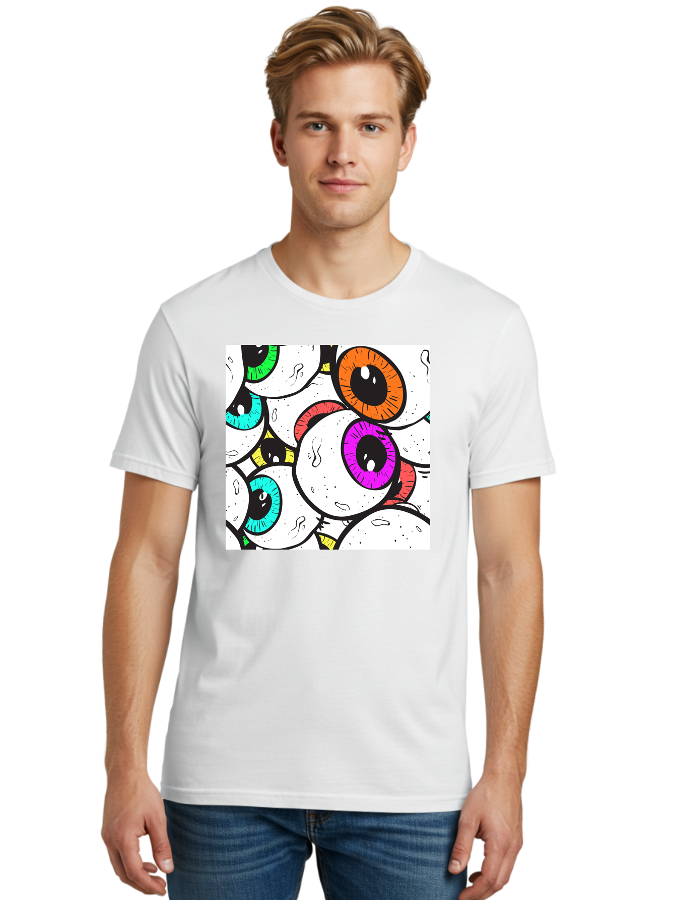 Cartoon-Eyes Men'S Graphic Tee, 100% Cotton, Comfortable Casual Summer Wear, Machine Washable, Cartoon Eyes, Vibrant Colors, Colorful Irises, Eyeballs, Illustration Art, Quirky Design, Playful Graphics, Eye-Catching Visuals, Modern Graphics, Aac381