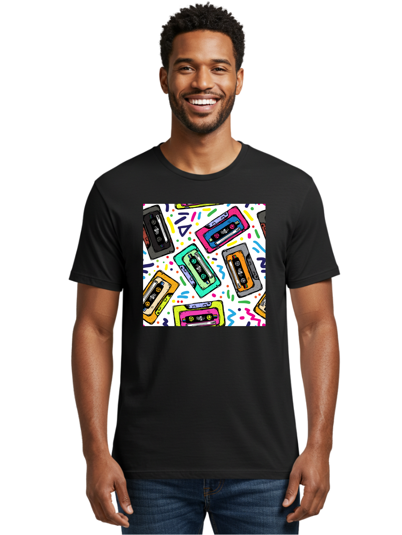Cassette-Tapes-Pattern Men'S Graphic Tee, 100% Cotton, Comfortable Casual Summer Wear, Machine Washable, Retro Cassette Tapes, Vintage Music, Colorful Design, Nostalgic Feel, Playful Patterns, 80S And 90S Nostalgia, Music Lover Gift Aac382