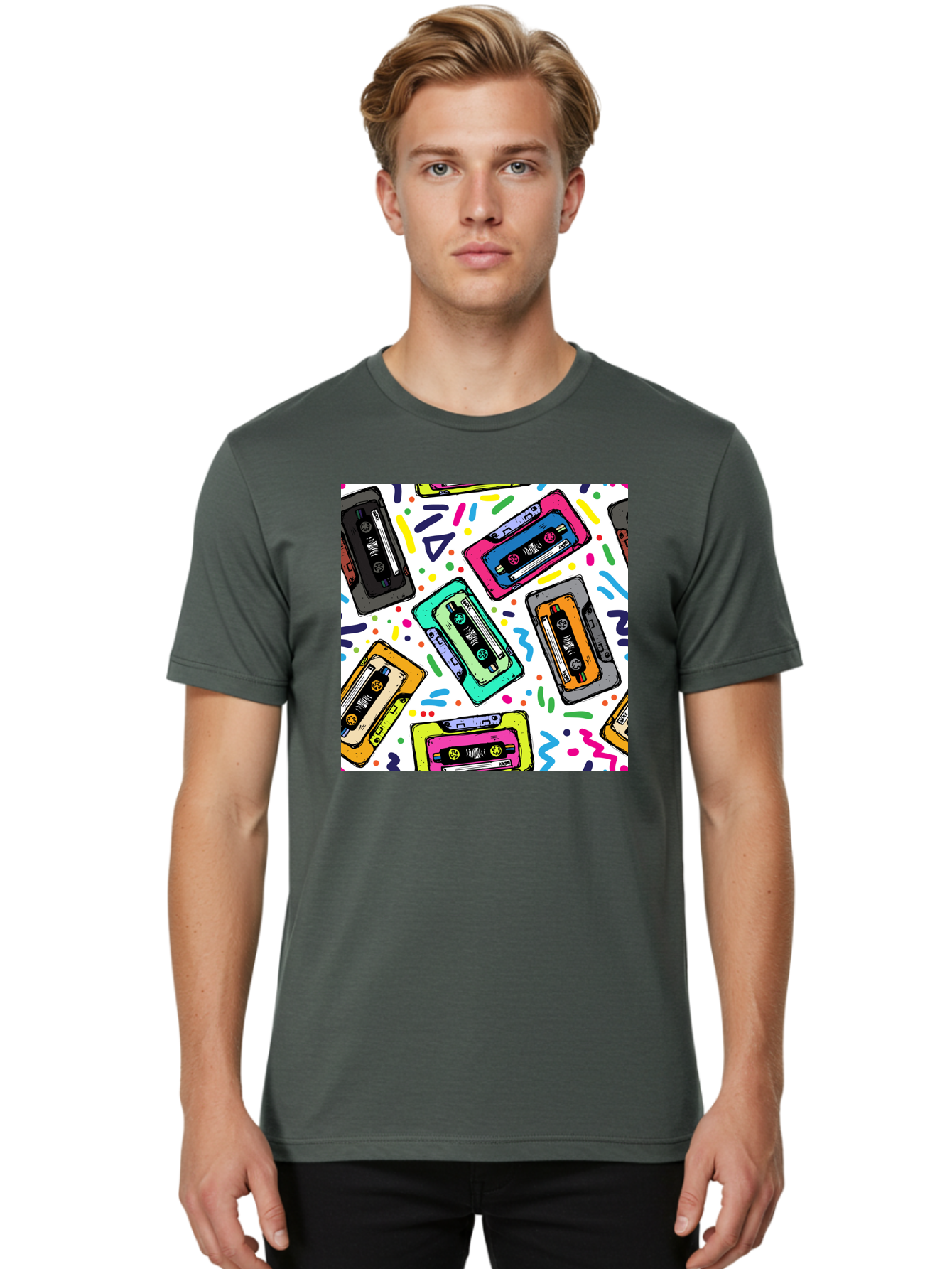 Cassette-Tapes-Pattern Men'S Graphic Tee, 100% Cotton, Comfortable Casual Summer Wear, Machine Washable, Retro Cassette Tapes, Vintage Music, Colorful Design, Nostalgic Feel, Playful Patterns, 80S And 90S Nostalgia, Music Lover Gift Aac382