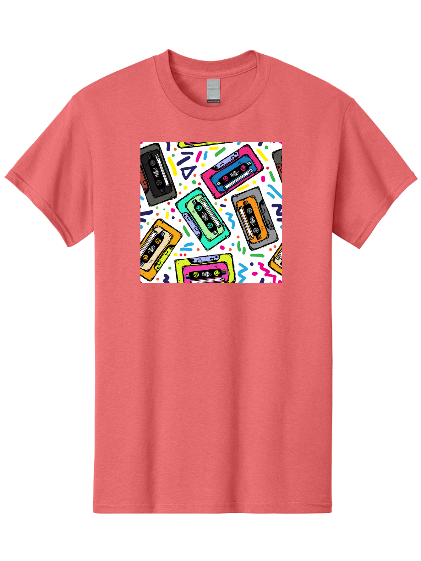 Cassette-Tapes-Pattern Men'S Graphic Tee, 100% Cotton, Comfortable Casual Summer Wear, Machine Washable, Retro Cassette Tapes, Vintage Music, Colorful Design, Nostalgic Feel, Playful Patterns, 80S And 90S Nostalgia, Music Lover Gift Aac382