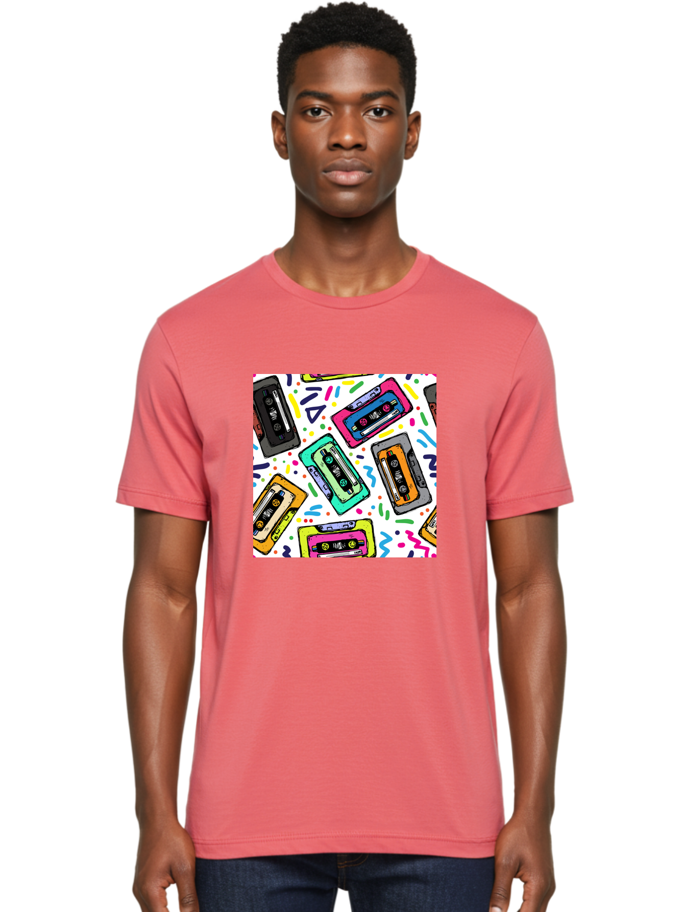 Cassette-Tapes-Pattern Men'S Graphic Tee, 100% Cotton, Comfortable Casual Summer Wear, Machine Washable, Retro Cassette Tapes, Vintage Music, Colorful Design, Nostalgic Feel, Playful Patterns, 80S And 90S Nostalgia, Music Lover Gift Aac382