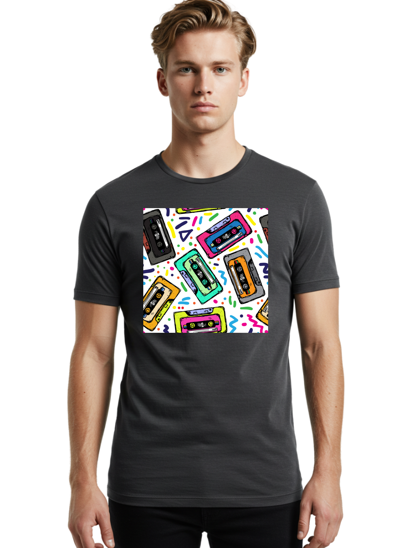 Cassette-Tapes-Pattern Men'S Graphic Tee, 100% Cotton, Comfortable Casual Summer Wear, Machine Washable, Retro Cassette Tapes, Vintage Music, Colorful Design, Nostalgic Feel, Playful Patterns, 80S And 90S Nostalgia, Music Lover Gift Aac382