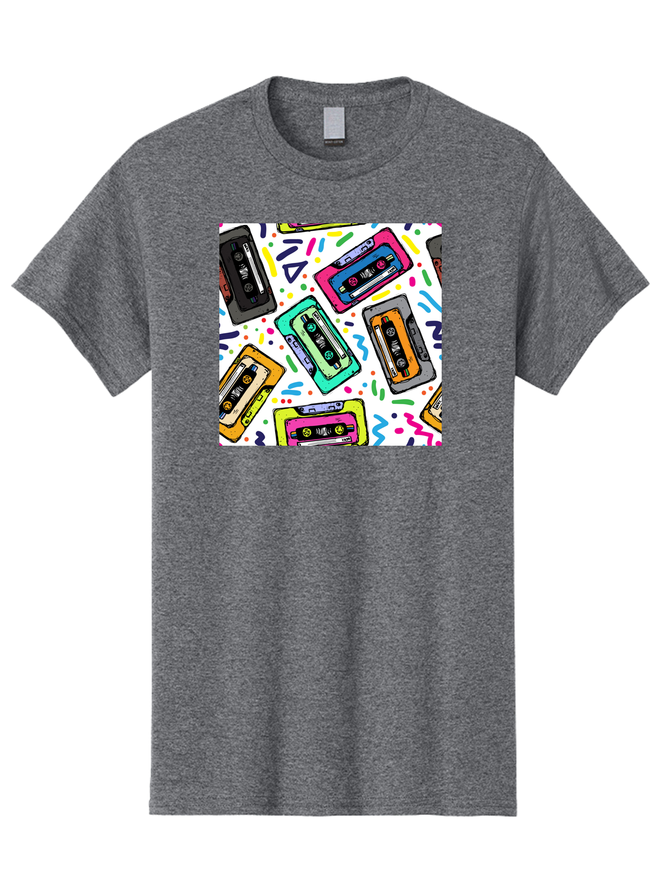 Cassette-Tapes-Pattern Men'S Graphic Tee, 100% Cotton, Comfortable Casual Summer Wear, Machine Washable, Retro Cassette Tapes, Vintage Music, Colorful Design, Nostalgic Feel, Playful Patterns, 80S And 90S Nostalgia, Music Lover Gift Aac382