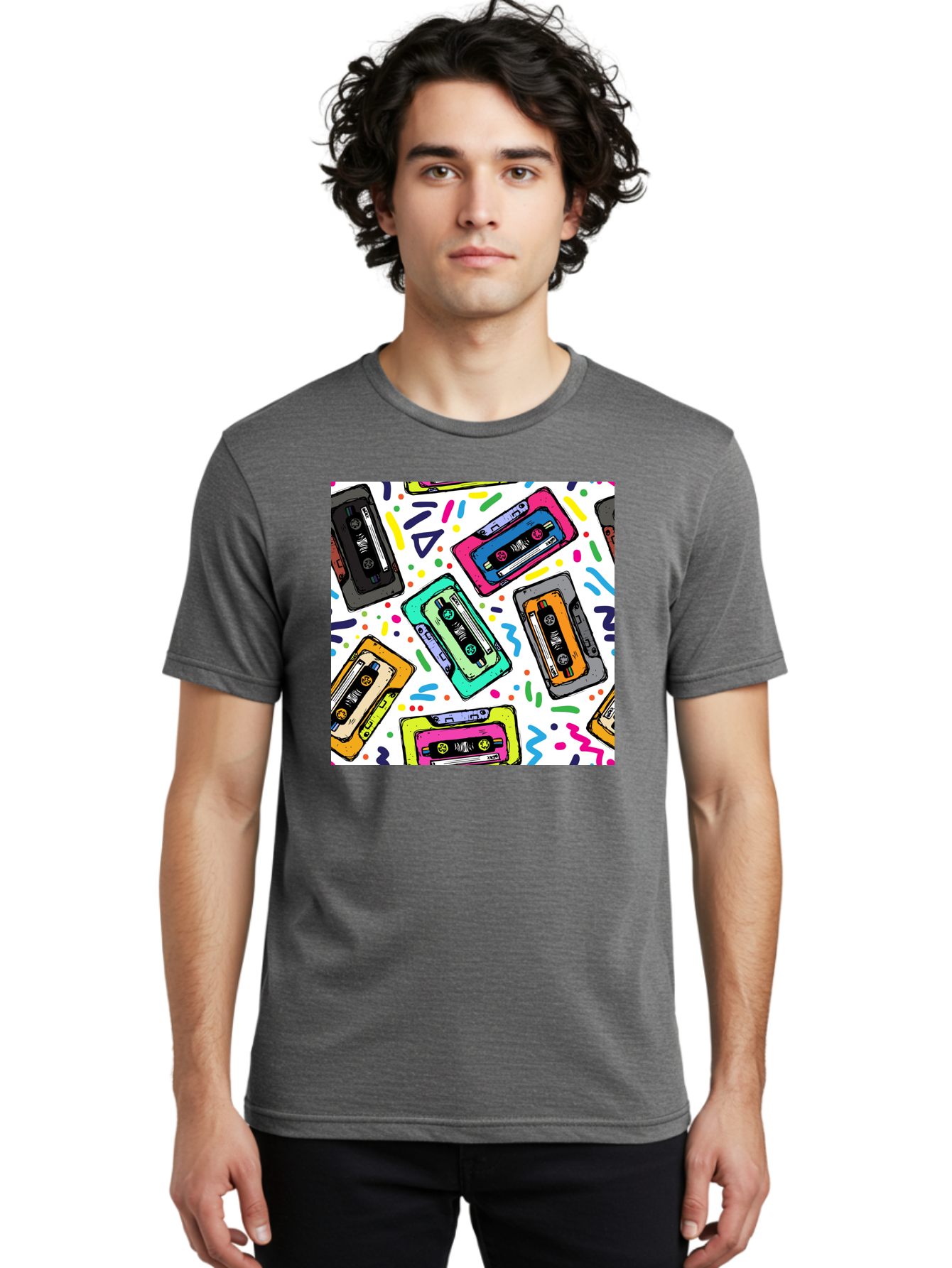 Cassette-Tapes-Pattern Men'S Graphic Tee, 100% Cotton, Comfortable Casual Summer Wear, Machine Washable, Retro Cassette Tapes, Vintage Music, Colorful Design, Nostalgic Feel, Playful Patterns, 80S And 90S Nostalgia, Music Lover Gift Aac382