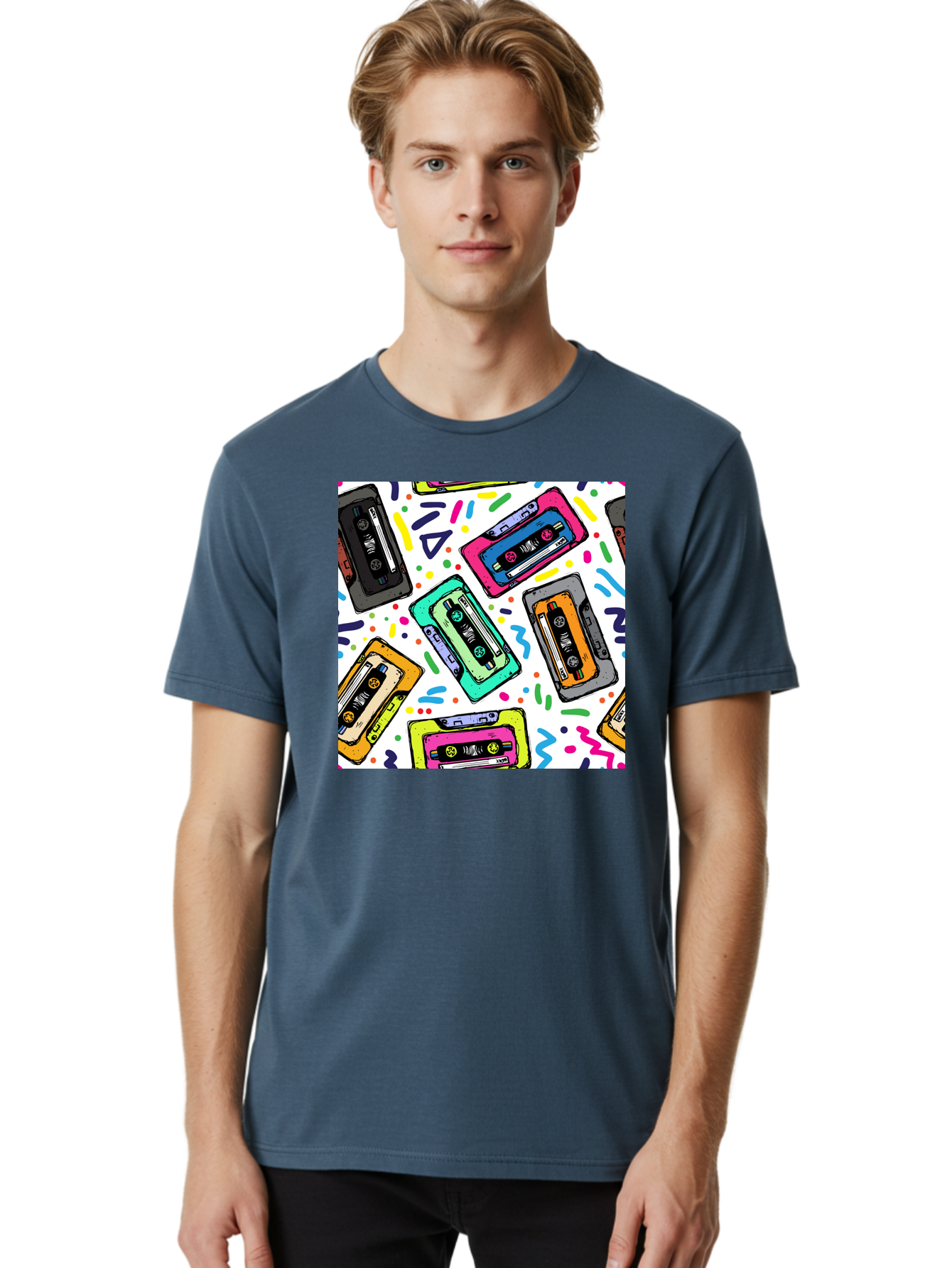 Cassette-Tapes-Pattern Men'S Graphic Tee, 100% Cotton, Comfortable Casual Summer Wear, Machine Washable, Retro Cassette Tapes, Vintage Music, Colorful Design, Nostalgic Feel, Playful Patterns, 80S And 90S Nostalgia, Music Lover Gift Aac382
