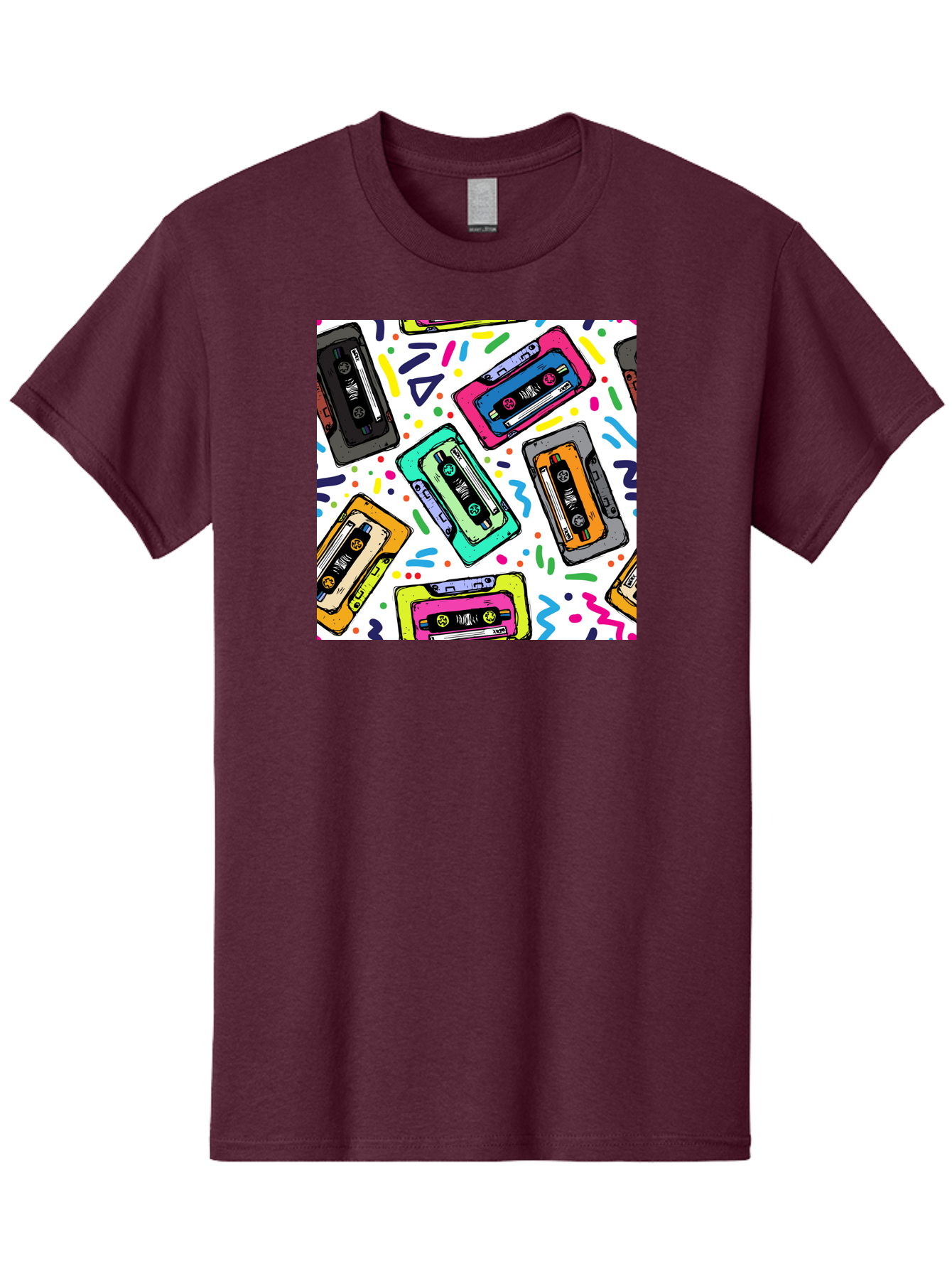 Cassette-Tapes-Pattern Men'S Graphic Tee, 100% Cotton, Comfortable Casual Summer Wear, Machine Washable, Retro Cassette Tapes, Vintage Music, Colorful Design, Nostalgic Feel, Playful Patterns, 80S And 90S Nostalgia, Music Lover Gift Aac382