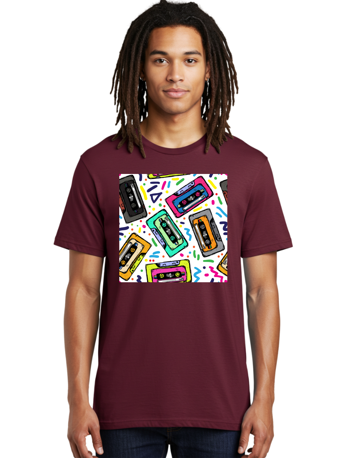 Cassette-Tapes-Pattern Men'S Graphic Tee, 100% Cotton, Comfortable Casual Summer Wear, Machine Washable, Retro Cassette Tapes, Vintage Music, Colorful Design, Nostalgic Feel, Playful Patterns, 80S And 90S Nostalgia, Music Lover Gift Aac382