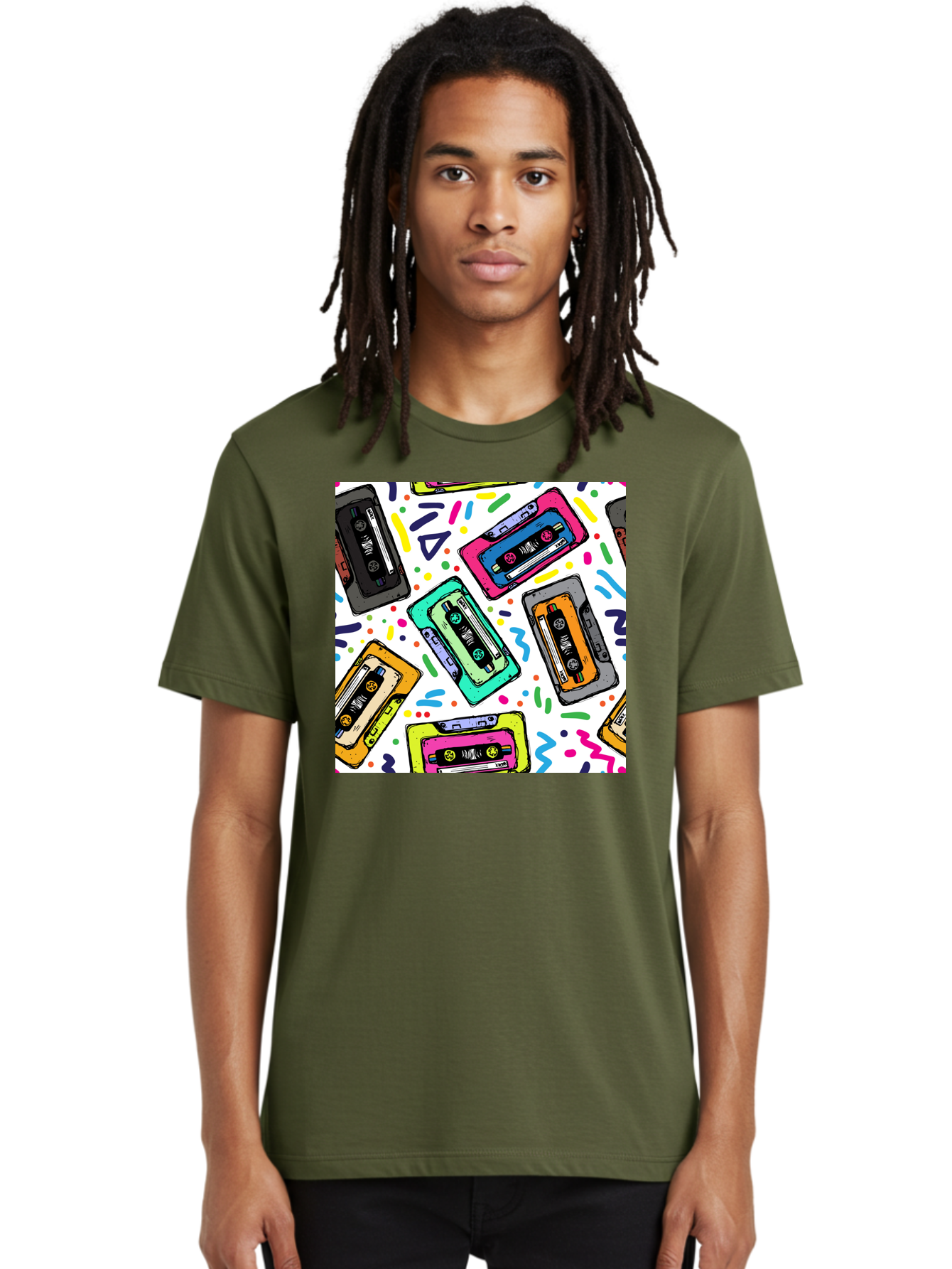 Cassette-Tapes-Pattern Men'S Graphic Tee, 100% Cotton, Comfortable Casual Summer Wear, Machine Washable, Retro Cassette Tapes, Vintage Music, Colorful Design, Nostalgic Feel, Playful Patterns, 80S And 90S Nostalgia, Music Lover Gift Aac382