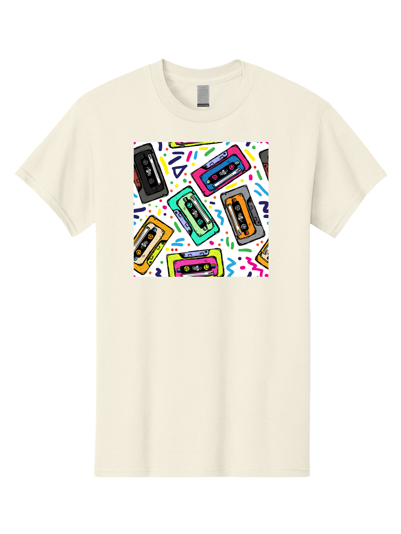 Cassette-Tapes-Pattern Men'S Graphic Tee, 100% Cotton, Comfortable Casual Summer Wear, Machine Washable, Retro Cassette Tapes, Vintage Music, Colorful Design, Nostalgic Feel, Playful Patterns, 80S And 90S Nostalgia, Music Lover Gift Aac382