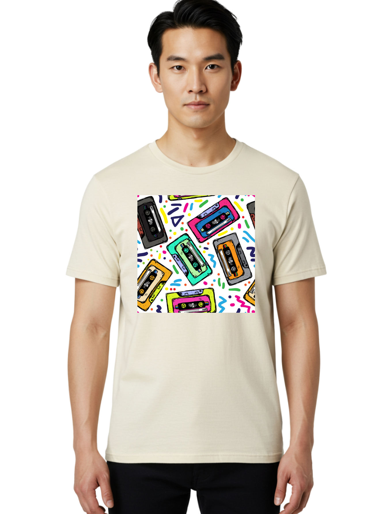 Cassette-Tapes-Pattern Men'S Graphic Tee, 100% Cotton, Comfortable Casual Summer Wear, Machine Washable, Retro Cassette Tapes, Vintage Music, Colorful Design, Nostalgic Feel, Playful Patterns, 80S And 90S Nostalgia, Music Lover Gift Aac382