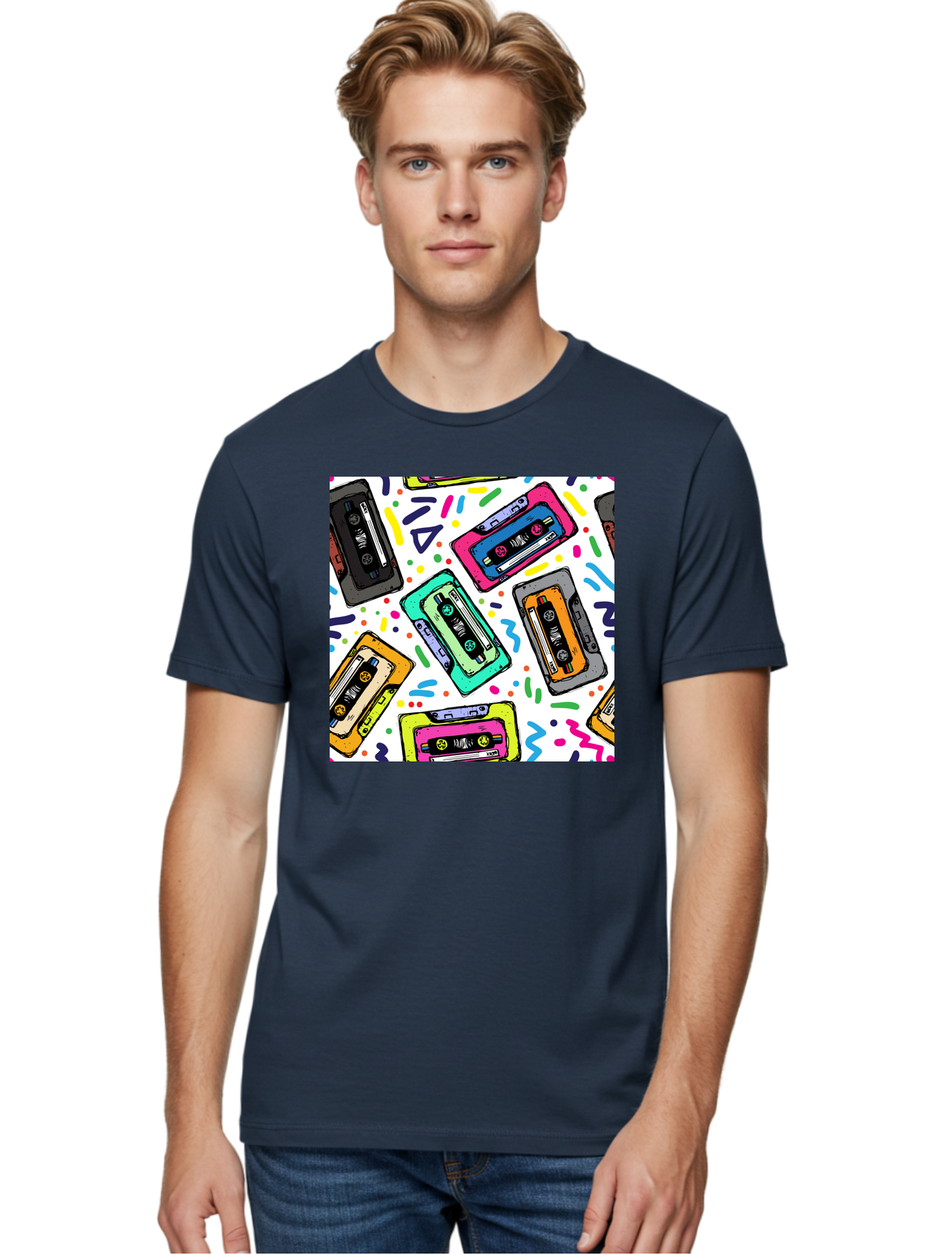 Cassette-Tapes-Pattern Men'S Graphic Tee, 100% Cotton, Comfortable Casual Summer Wear, Machine Washable, Retro Cassette Tapes, Vintage Music, Colorful Design, Nostalgic Feel, Playful Patterns, 80S And 90S Nostalgia, Music Lover Gift Aac382