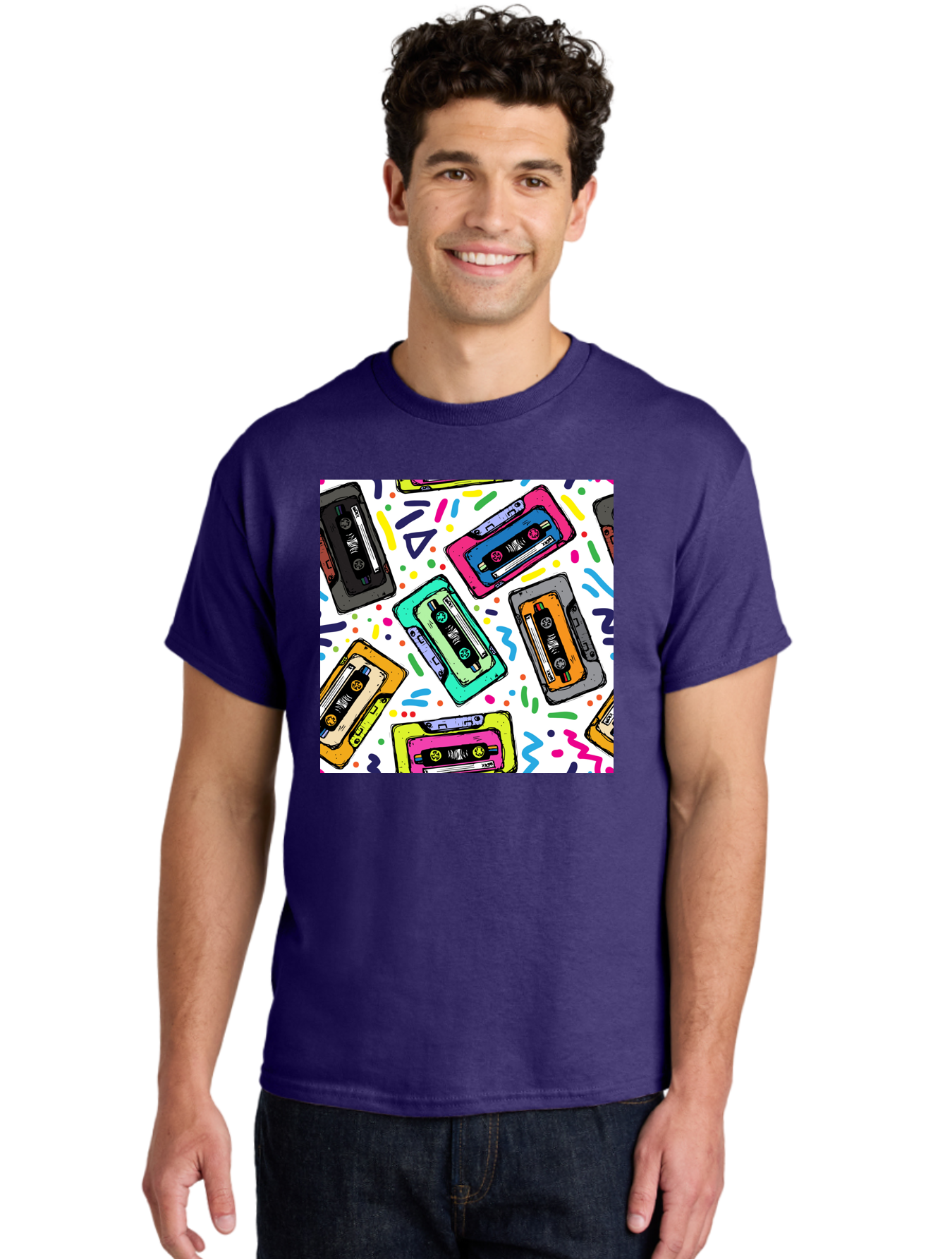Cassette-Tapes-Pattern Men'S Graphic Tee, 100% Cotton, Comfortable Casual Summer Wear, Machine Washable, Retro Cassette Tapes, Vintage Music, Colorful Design, Nostalgic Feel, Playful Patterns, 80S And 90S Nostalgia, Music Lover Gift Aac382