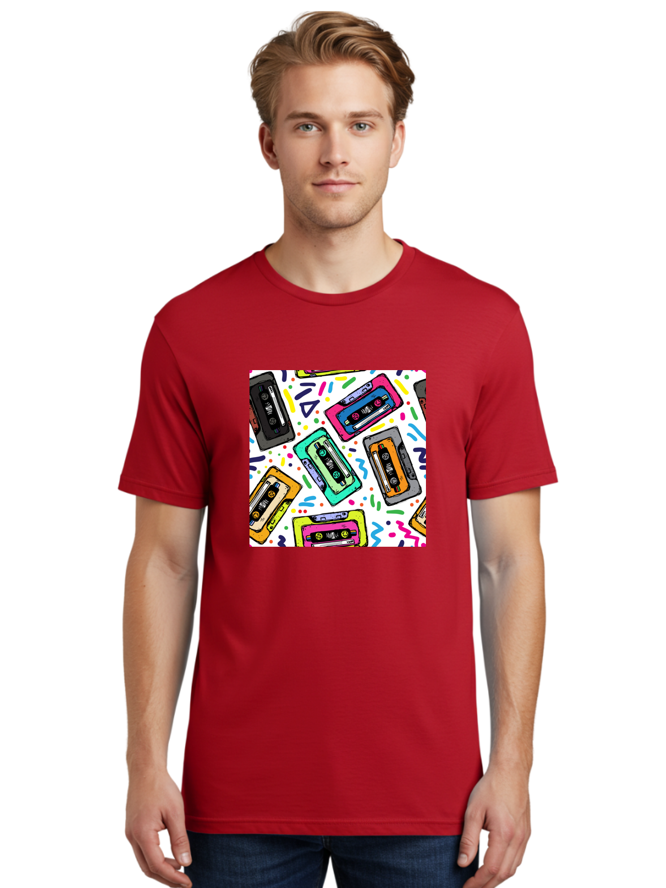 Cassette-Tapes-Pattern Men'S Graphic Tee, 100% Cotton, Comfortable Casual Summer Wear, Machine Washable, Retro Cassette Tapes, Vintage Music, Colorful Design, Nostalgic Feel, Playful Patterns, 80S And 90S Nostalgia, Music Lover Gift Aac382