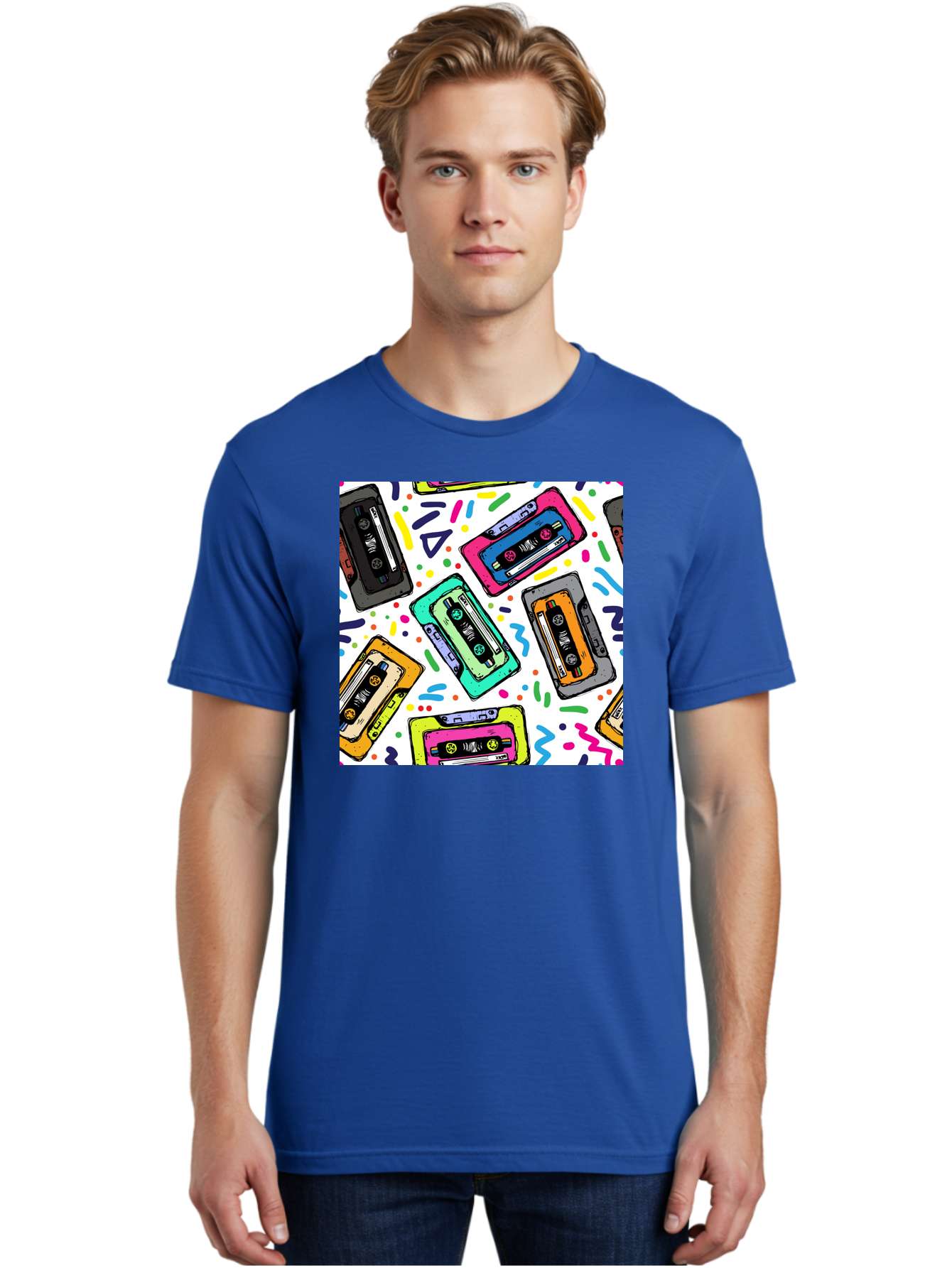 Cassette-Tapes-Pattern Men'S Graphic Tee, 100% Cotton, Comfortable Casual Summer Wear, Machine Washable, Retro Cassette Tapes, Vintage Music, Colorful Design, Nostalgic Feel, Playful Patterns, 80S And 90S Nostalgia, Music Lover Gift Aac382