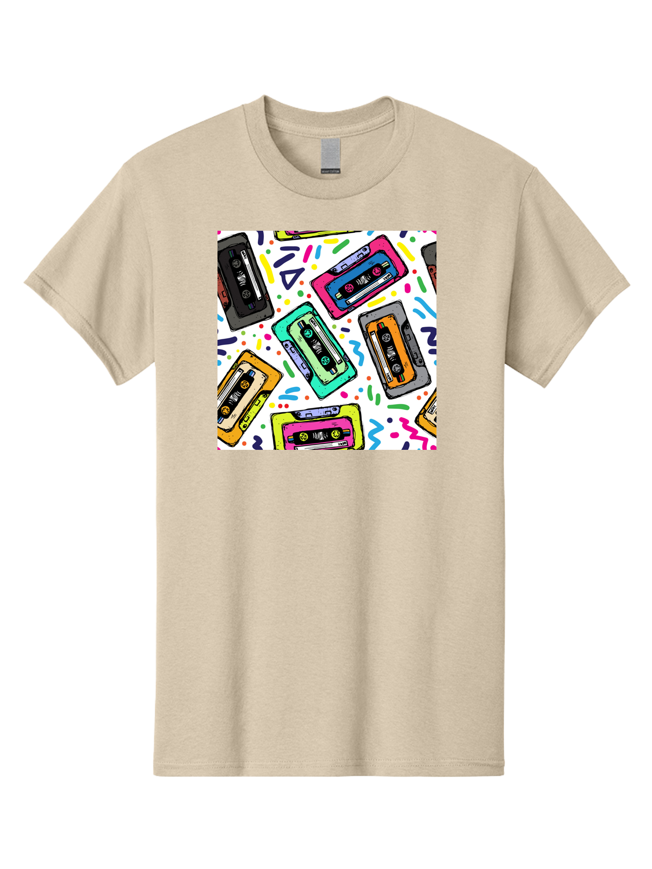 Cassette-Tapes-Pattern Men'S Graphic Tee, 100% Cotton, Comfortable Casual Summer Wear, Machine Washable, Retro Cassette Tapes, Vintage Music, Colorful Design, Nostalgic Feel, Playful Patterns, 80S And 90S Nostalgia, Music Lover Gift Aac382