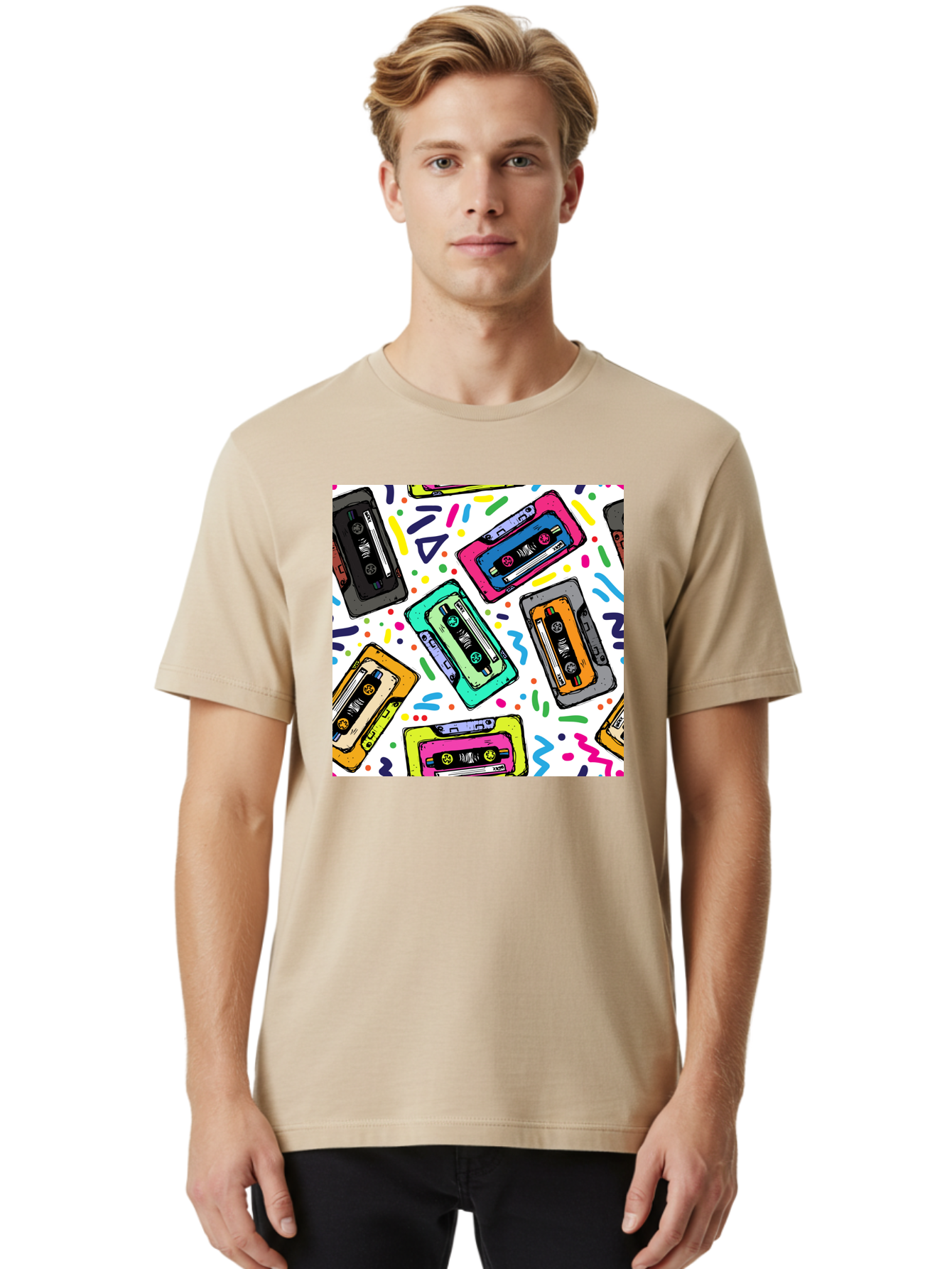 Cassette-Tapes-Pattern Men'S Graphic Tee, 100% Cotton, Comfortable Casual Summer Wear, Machine Washable, Retro Cassette Tapes, Vintage Music, Colorful Design, Nostalgic Feel, Playful Patterns, 80S And 90S Nostalgia, Music Lover Gift Aac382