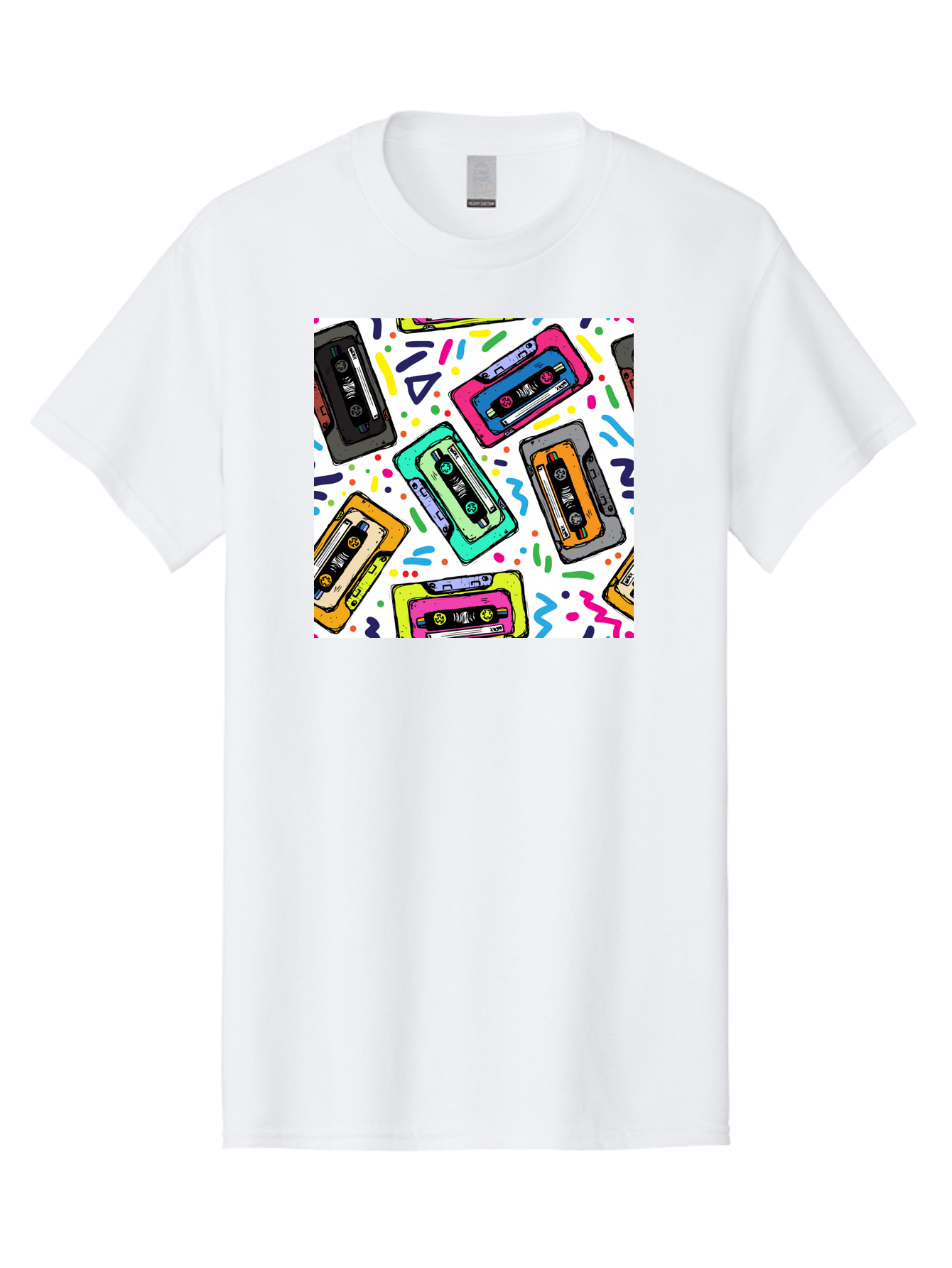 Cassette-Tapes-Pattern Men'S Graphic Tee, 100% Cotton, Comfortable Casual Summer Wear, Machine Washable, Retro Cassette Tapes, Vintage Music, Colorful Design, Nostalgic Feel, Playful Patterns, 80S And 90S Nostalgia, Music Lover Gift Aac382