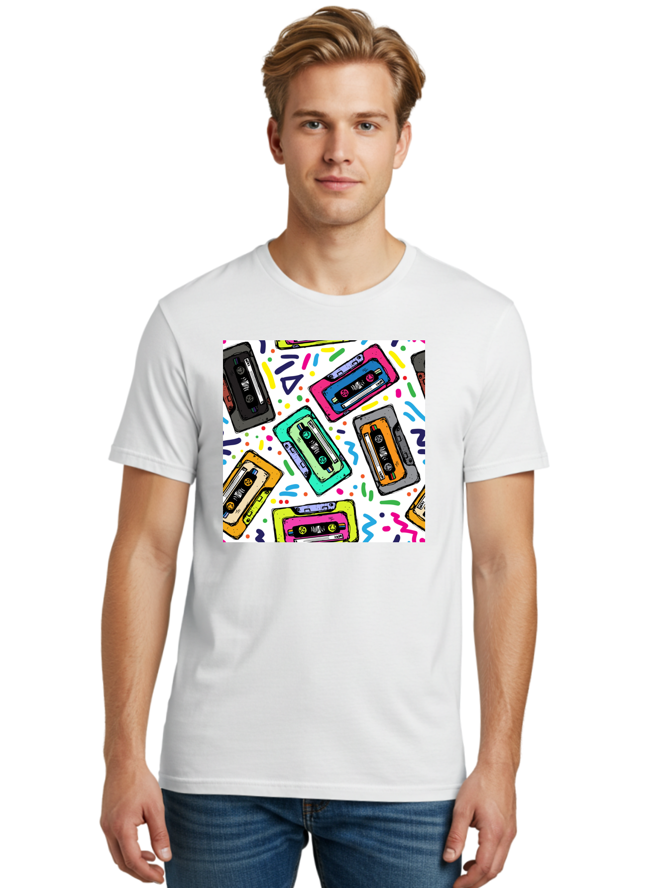 Cassette-Tapes-Pattern Men'S Graphic Tee, 100% Cotton, Comfortable Casual Summer Wear, Machine Washable, Retro Cassette Tapes, Vintage Music, Colorful Design, Nostalgic Feel, Playful Patterns, 80S And 90S Nostalgia, Music Lover Gift Aac382