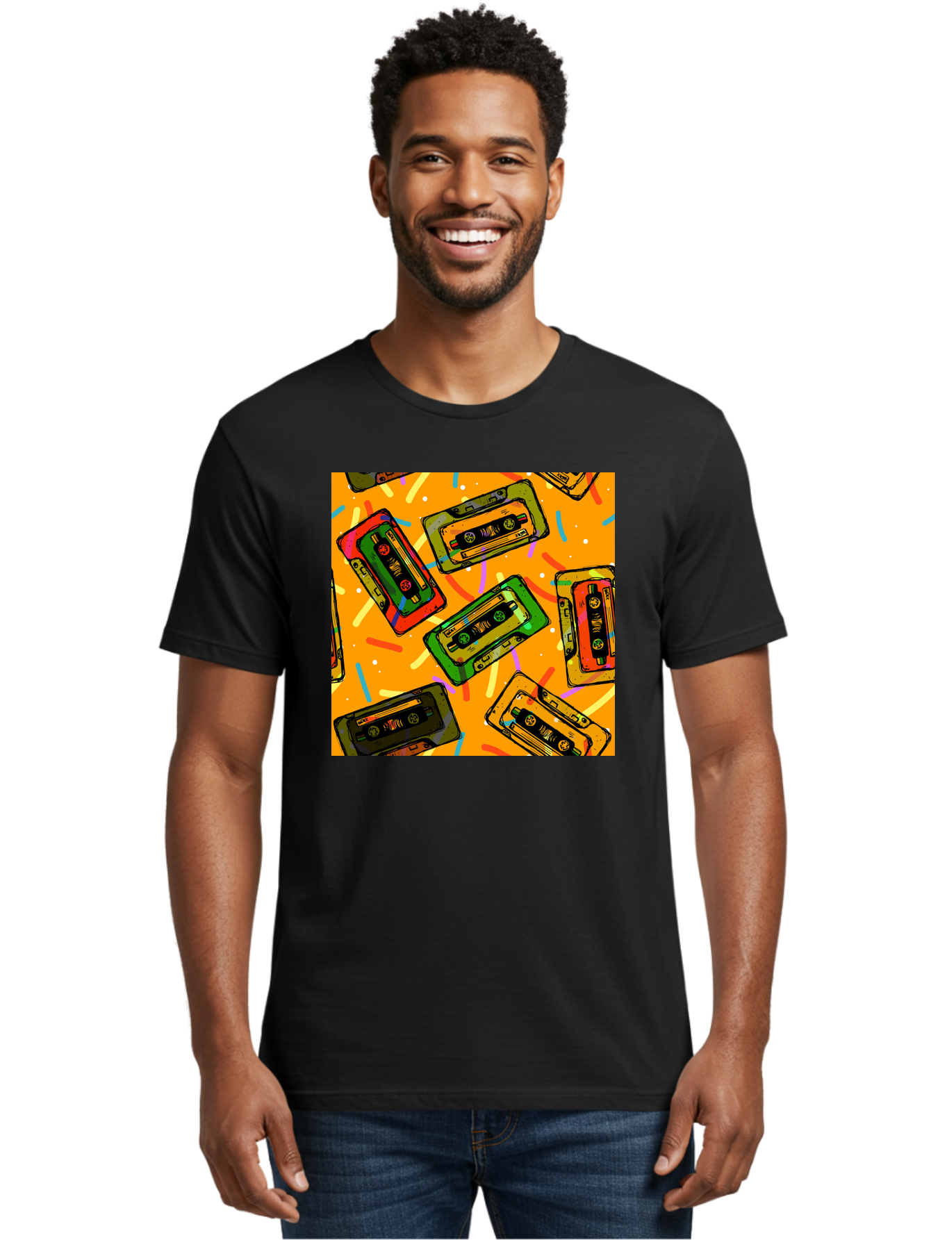 Cassette-Tapes Men'S Graphic Tee, 100% Cotton, Comfortable Casual Summer Wear, Machine Washable, Retro Cassette Tapes, Vintage Music, Colorful Illustration, Nostalgic Tech, 80S And 90S Memorabilia, Mix Tape Culture, Music Nostalgia, Aac383