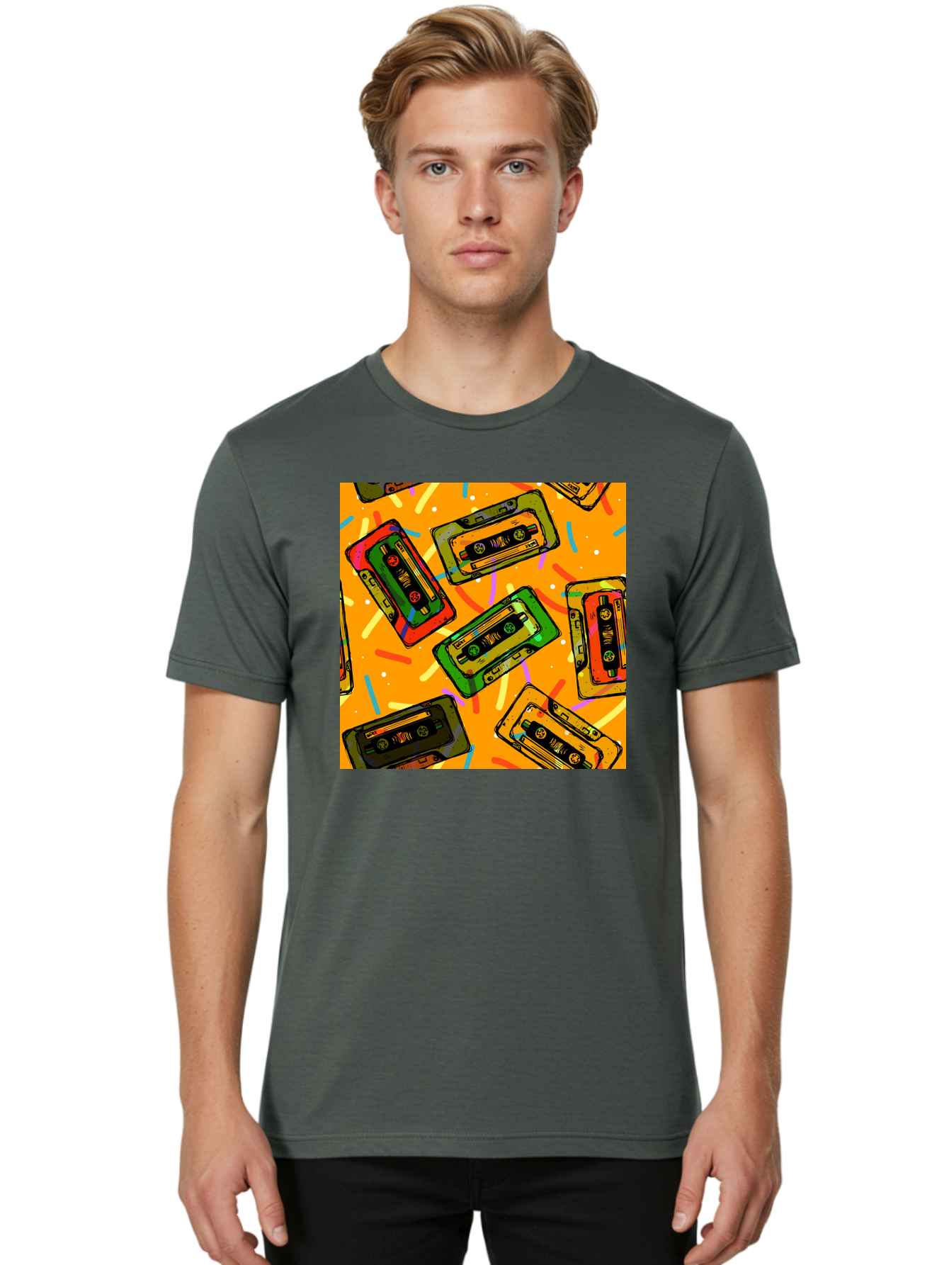 Cassette-Tapes Men'S Graphic Tee, 100% Cotton, Comfortable Casual Summer Wear, Machine Washable, Retro Cassette Tapes, Vintage Music, Colorful Illustration, Nostalgic Tech, 80S And 90S Memorabilia, Mix Tape Culture, Music Nostalgia, Aac383