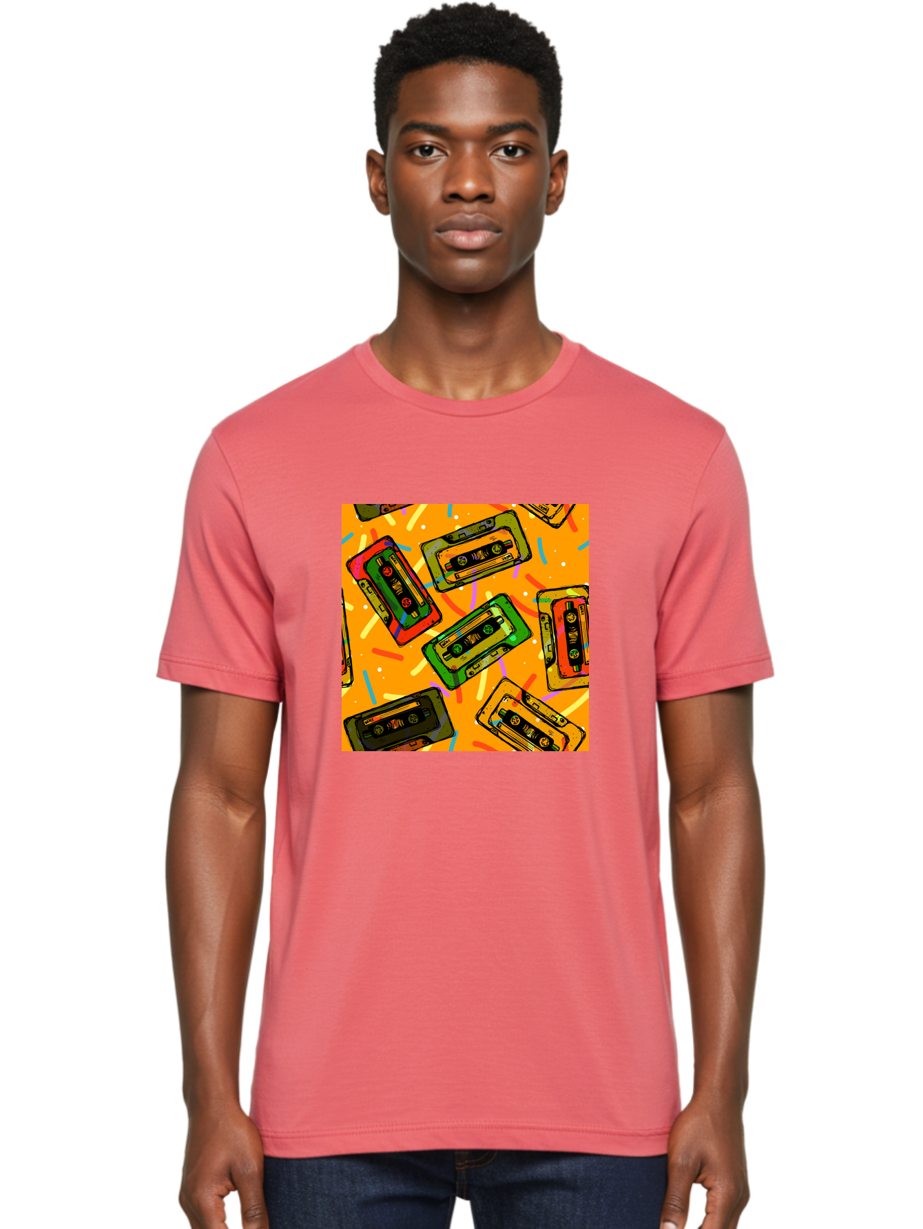 Cassette-Tapes Men'S Graphic Tee, 100% Cotton, Comfortable Casual Summer Wear, Machine Washable, Retro Cassette Tapes, Vintage Music, Colorful Illustration, Nostalgic Tech, 80S And 90S Memorabilia, Mix Tape Culture, Music Nostalgia, Aac383