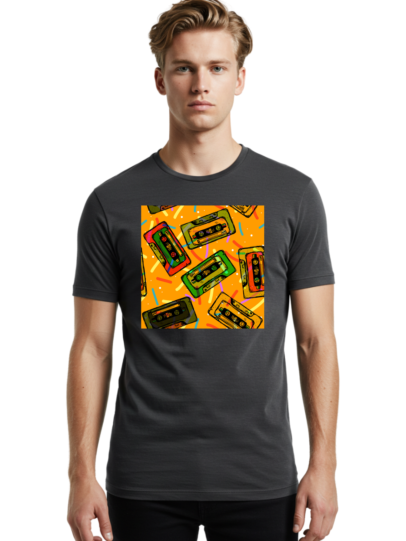 Cassette-Tapes Men'S Graphic Tee, 100% Cotton, Comfortable Casual Summer Wear, Machine Washable, Retro Cassette Tapes, Vintage Music, Colorful Illustration, Nostalgic Tech, 80S And 90S Memorabilia, Mix Tape Culture, Music Nostalgia, Aac383