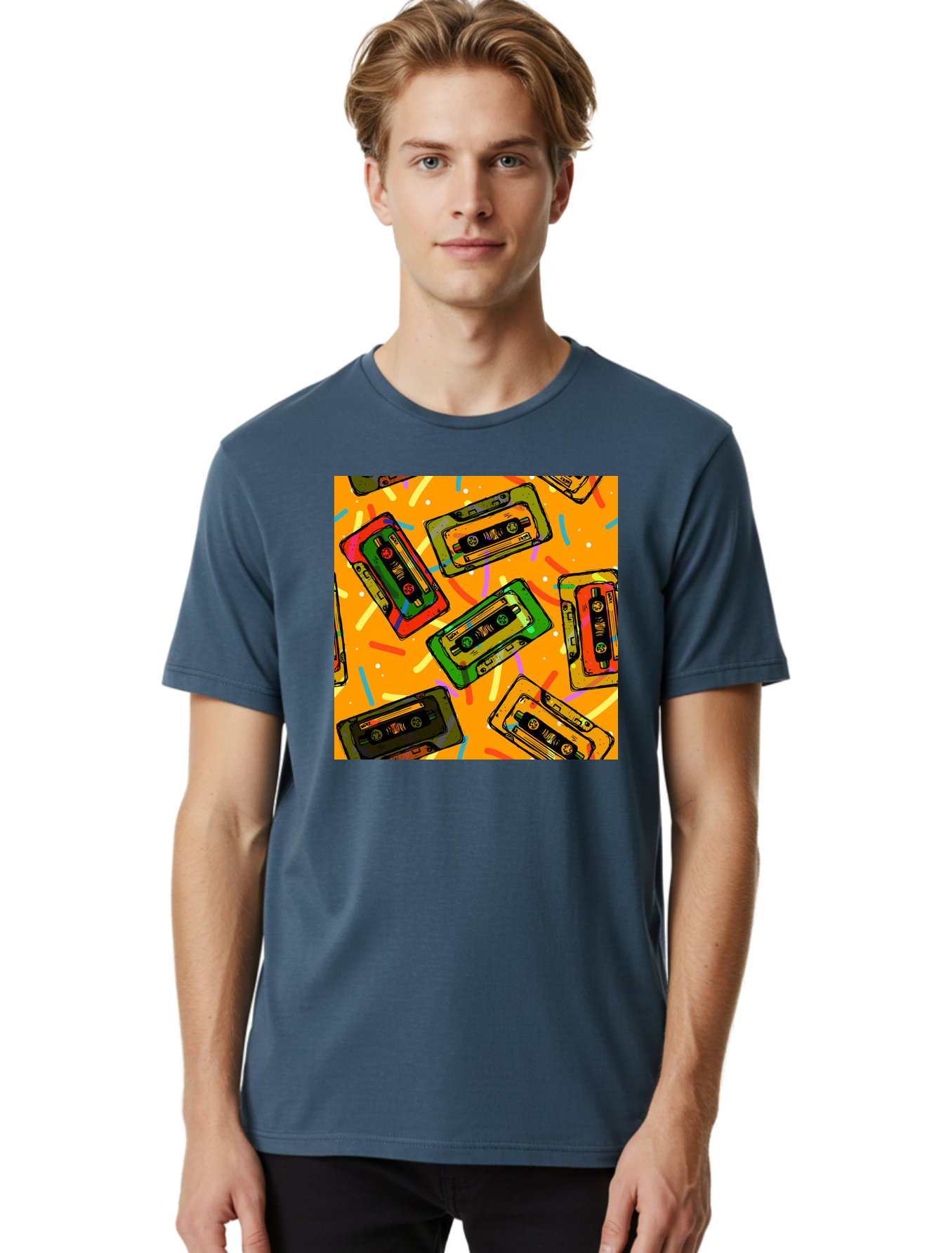 Cassette-Tapes Men'S Graphic Tee, 100% Cotton, Comfortable Casual Summer Wear, Machine Washable, Retro Cassette Tapes, Vintage Music, Colorful Illustration, Nostalgic Tech, 80S And 90S Memorabilia, Mix Tape Culture, Music Nostalgia, Aac383