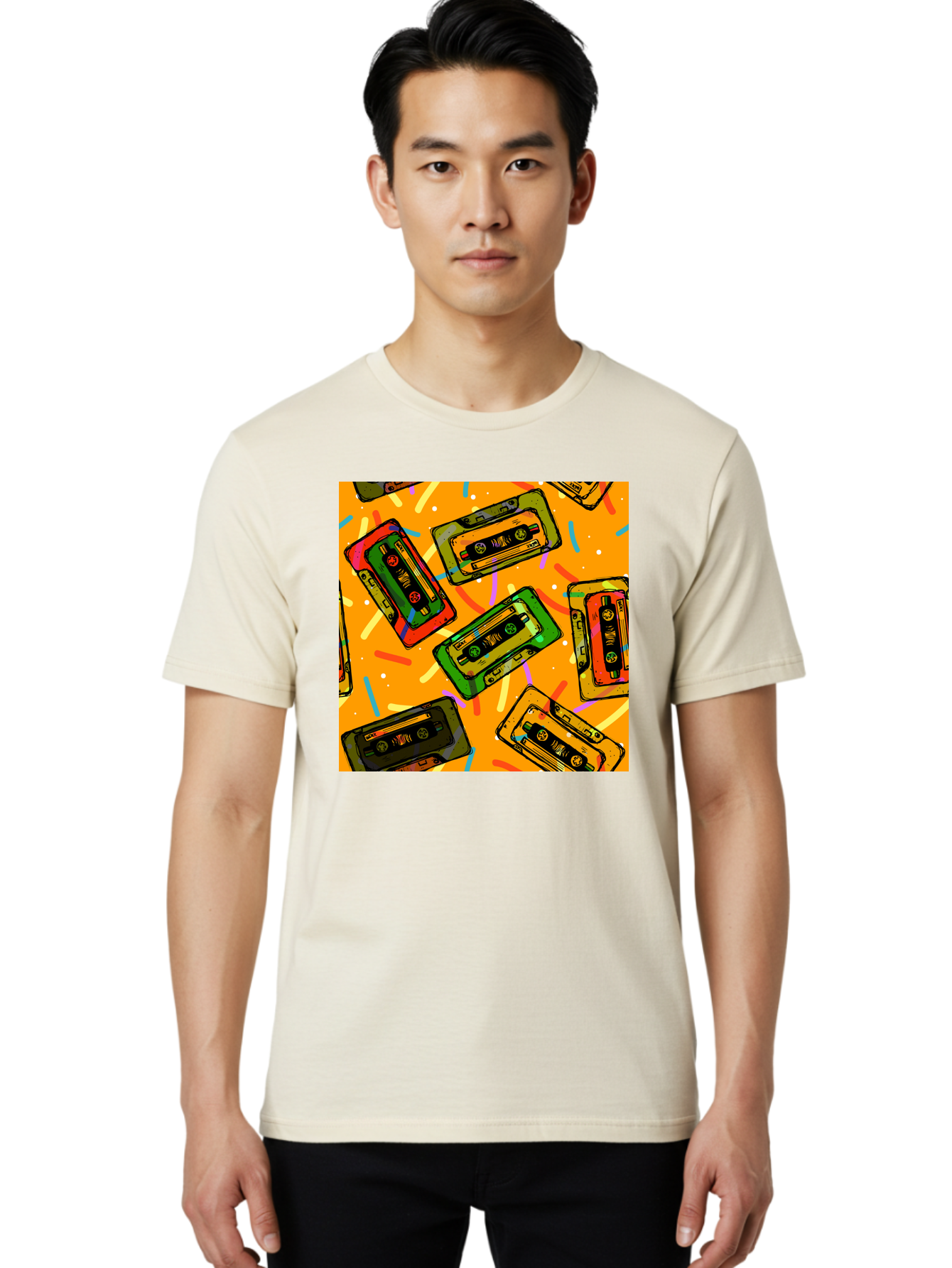 Cassette-Tapes Men'S Graphic Tee, 100% Cotton, Comfortable Casual Summer Wear, Machine Washable, Retro Cassette Tapes, Vintage Music, Colorful Illustration, Nostalgic Tech, 80S And 90S Memorabilia, Mix Tape Culture, Music Nostalgia, Aac383