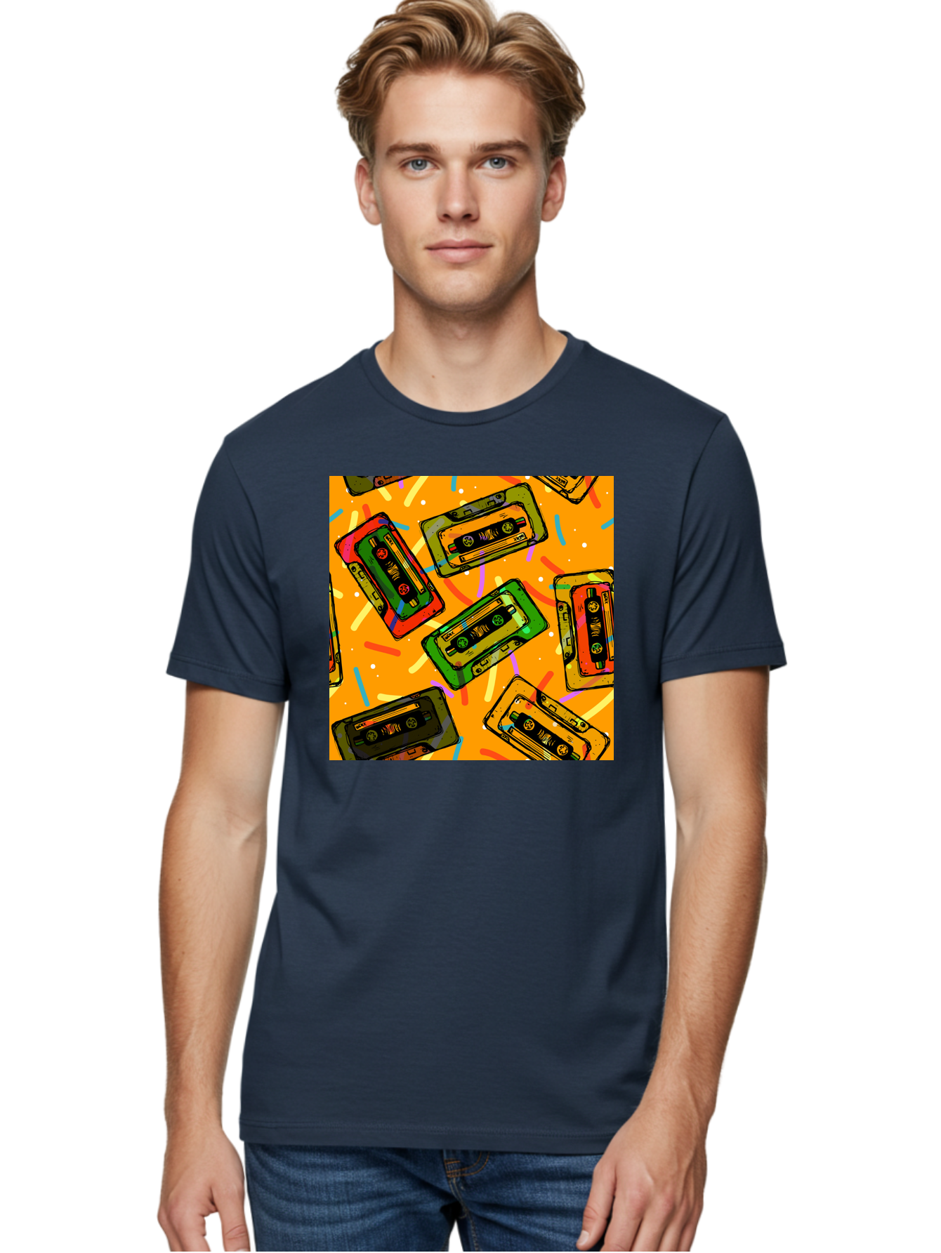 Cassette-Tapes Men'S Graphic Tee, 100% Cotton, Comfortable Casual Summer Wear, Machine Washable, Retro Cassette Tapes, Vintage Music, Colorful Illustration, Nostalgic Tech, 80S And 90S Memorabilia, Mix Tape Culture, Music Nostalgia, Aac383