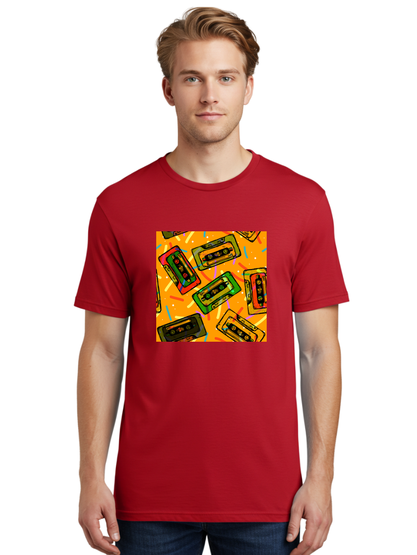 Cassette-Tapes Men'S Graphic Tee, 100% Cotton, Comfortable Casual Summer Wear, Machine Washable, Retro Cassette Tapes, Vintage Music, Colorful Illustration, Nostalgic Tech, 80S And 90S Memorabilia, Mix Tape Culture, Music Nostalgia, Aac383