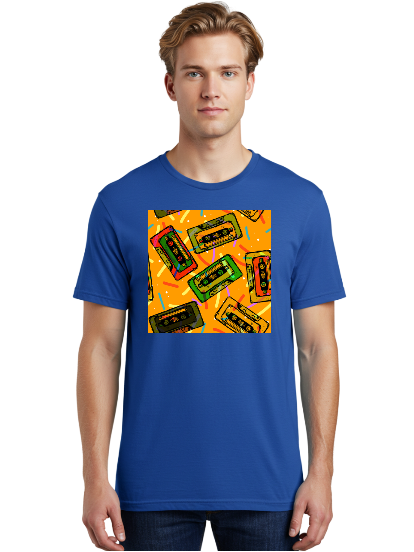 Cassette-Tapes Men'S Graphic Tee, 100% Cotton, Comfortable Casual Summer Wear, Machine Washable, Retro Cassette Tapes, Vintage Music, Colorful Illustration, Nostalgic Tech, 80S And 90S Memorabilia, Mix Tape Culture, Music Nostalgia, Aac383