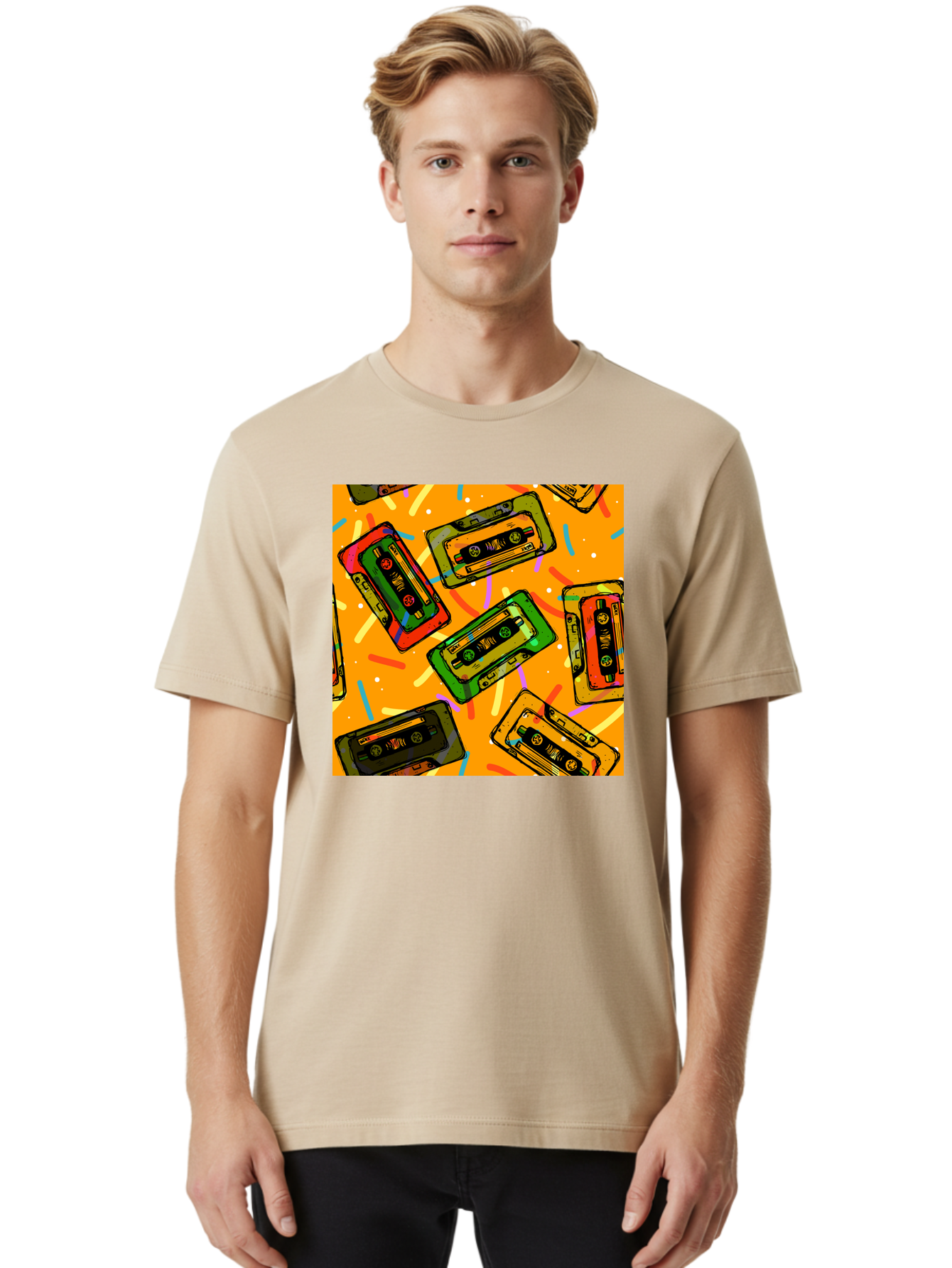 Cassette-Tapes Men'S Graphic Tee, 100% Cotton, Comfortable Casual Summer Wear, Machine Washable, Retro Cassette Tapes, Vintage Music, Colorful Illustration, Nostalgic Tech, 80S And 90S Memorabilia, Mix Tape Culture, Music Nostalgia, Aac383