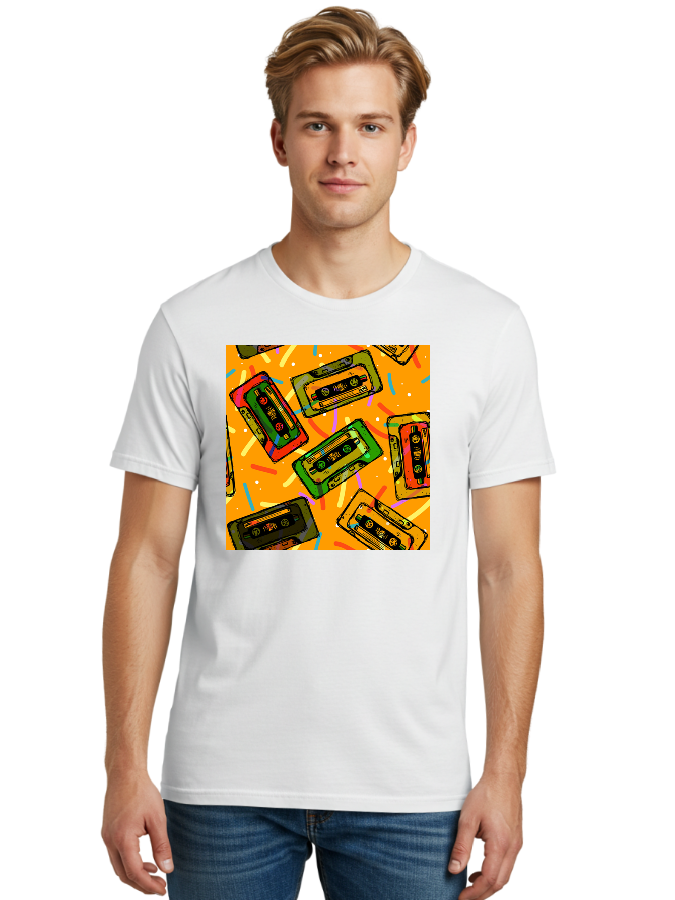 Cassette-Tapes Men'S Graphic Tee, 100% Cotton, Comfortable Casual Summer Wear, Machine Washable, Retro Cassette Tapes, Vintage Music, Colorful Illustration, Nostalgic Tech, 80S And 90S Memorabilia, Mix Tape Culture, Music Nostalgia, Aac383