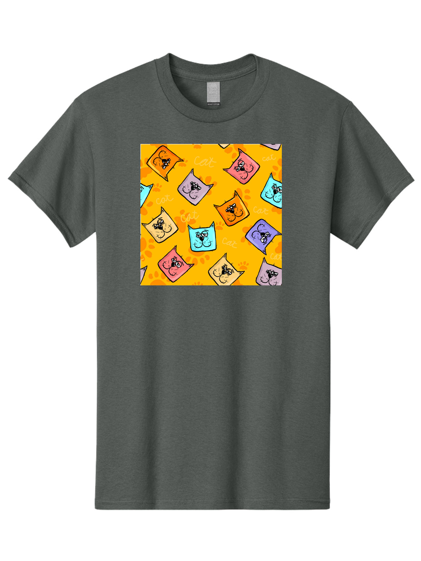 Cat-Pattern Men'S Graphic Tee, 100% Cotton, Comfortable Casual Summer Wear, Machine Washable, Cartoon Cats, Pastel Colors, Cat Faces, Playful Pattern, Cute Animals, Whimsical Design, Feline Friends, Adorable Illustrations, Fun Graphics, Aac384