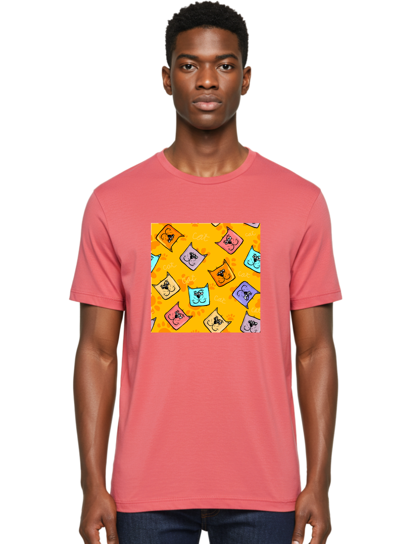 Cat-Pattern Men'S Graphic Tee, 100% Cotton, Comfortable Casual Summer Wear, Machine Washable, Cartoon Cats, Pastel Colors, Cat Faces, Playful Pattern, Cute Animals, Whimsical Design, Feline Friends, Adorable Illustrations, Fun Graphics, Aac384