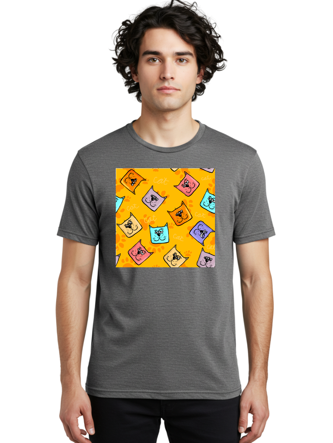 Cat-Pattern Men'S Graphic Tee, 100% Cotton, Comfortable Casual Summer Wear, Machine Washable, Cartoon Cats, Pastel Colors, Cat Faces, Playful Pattern, Cute Animals, Whimsical Design, Feline Friends, Adorable Illustrations, Fun Graphics, Aac384
