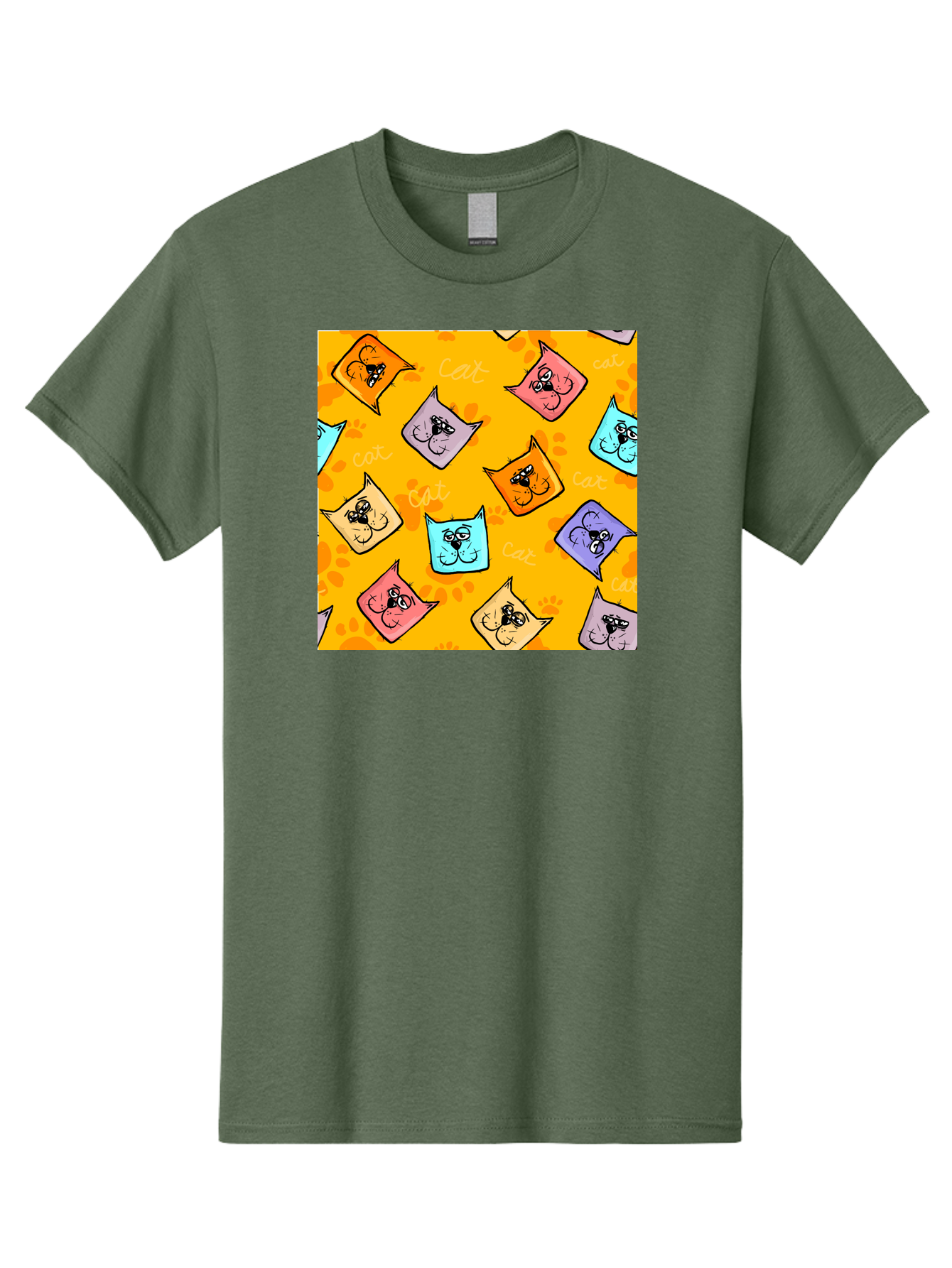 Cat-Pattern Men'S Graphic Tee, 100% Cotton, Comfortable Casual Summer Wear, Machine Washable, Cartoon Cats, Pastel Colors, Cat Faces, Playful Pattern, Cute Animals, Whimsical Design, Feline Friends, Adorable Illustrations, Fun Graphics, Aac384