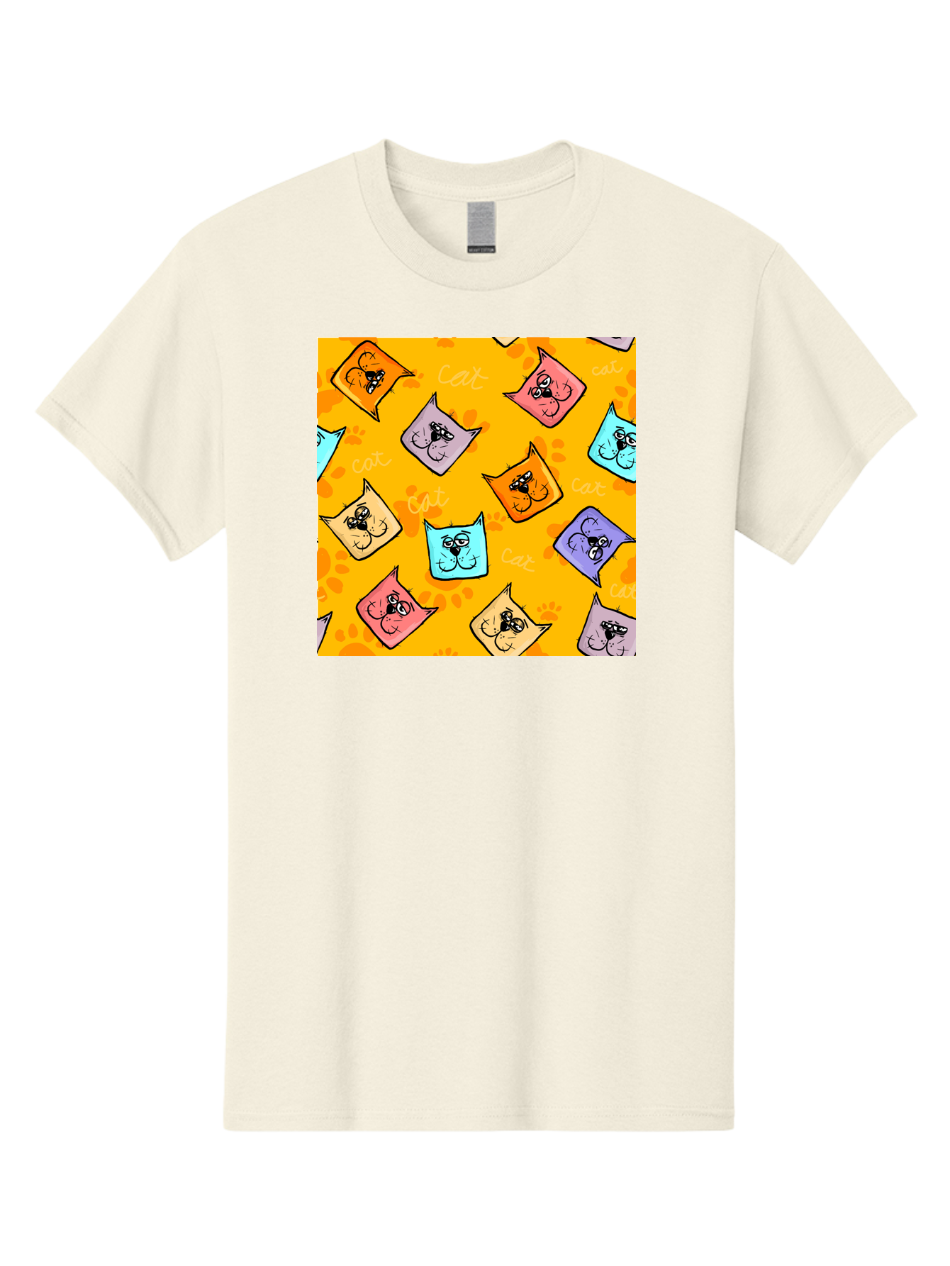 Cat-Pattern Men'S Graphic Tee, 100% Cotton, Comfortable Casual Summer Wear, Machine Washable, Cartoon Cats, Pastel Colors, Cat Faces, Playful Pattern, Cute Animals, Whimsical Design, Feline Friends, Adorable Illustrations, Fun Graphics, Aac384