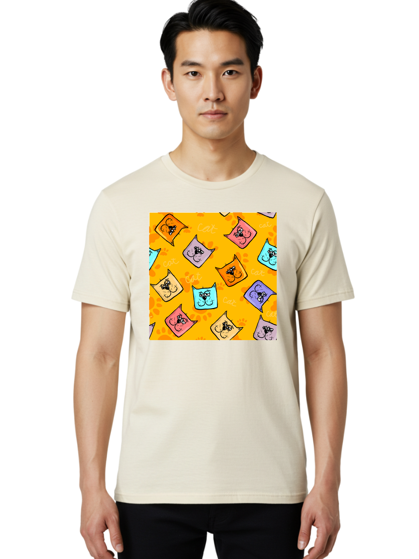 Cat-Pattern Men'S Graphic Tee, 100% Cotton, Comfortable Casual Summer Wear, Machine Washable, Cartoon Cats, Pastel Colors, Cat Faces, Playful Pattern, Cute Animals, Whimsical Design, Feline Friends, Adorable Illustrations, Fun Graphics, Aac384