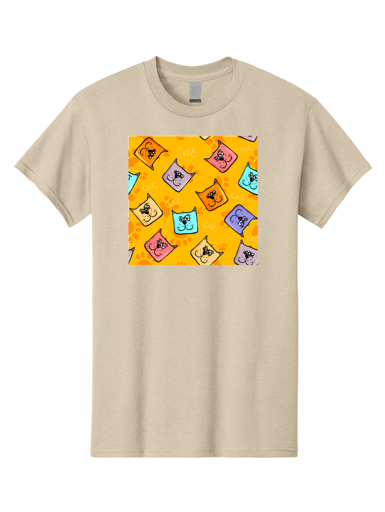 Cat-Pattern Men'S Graphic Tee, 100% Cotton, Comfortable Casual Summer Wear, Machine Washable, Cartoon Cats, Pastel Colors, Cat Faces, Playful Pattern, Cute Animals, Whimsical Design, Feline Friends, Adorable Illustrations, Fun Graphics, Aac384