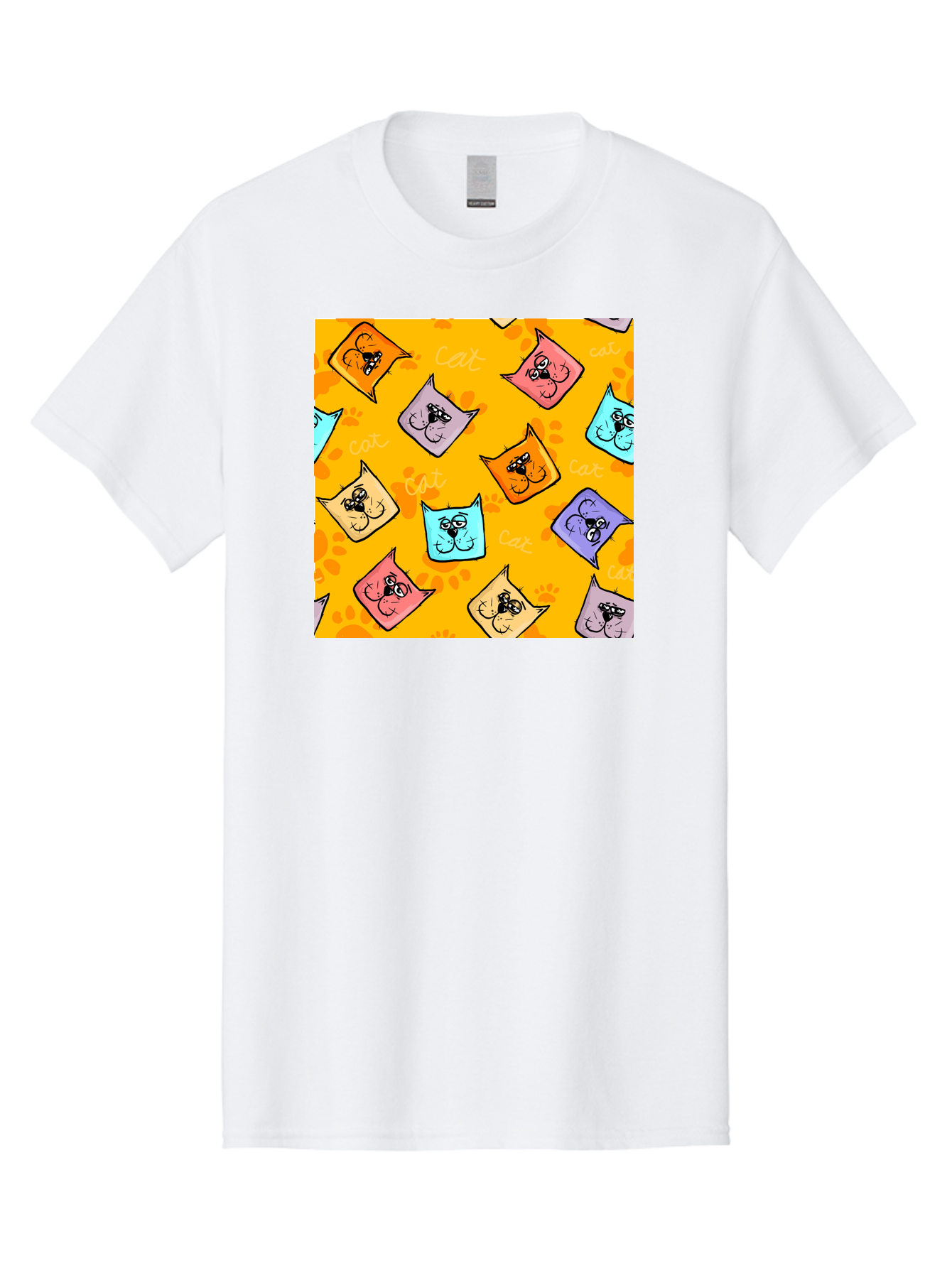 Cat-Pattern Men'S Graphic Tee, 100% Cotton, Comfortable Casual Summer Wear, Machine Washable, Cartoon Cats, Pastel Colors, Cat Faces, Playful Pattern, Cute Animals, Whimsical Design, Feline Friends, Adorable Illustrations, Fun Graphics, Aac384