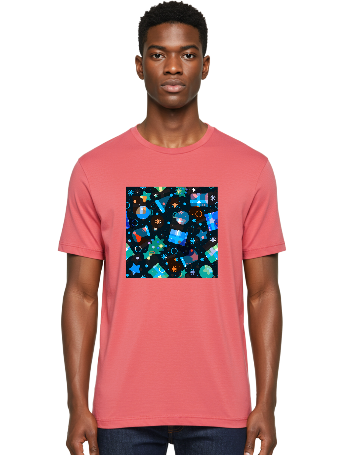 Christmas-Pattern Men'S Graphic Tee, 100% Cotton, Comfortable Casual Summer Wear, Machine Washable, Party Hats, Festive Decorations, Stars, Confetti, Balloons, Gift Boxes, Mug, Party Blowers, Celebratory Elements, Party Theme Aac385