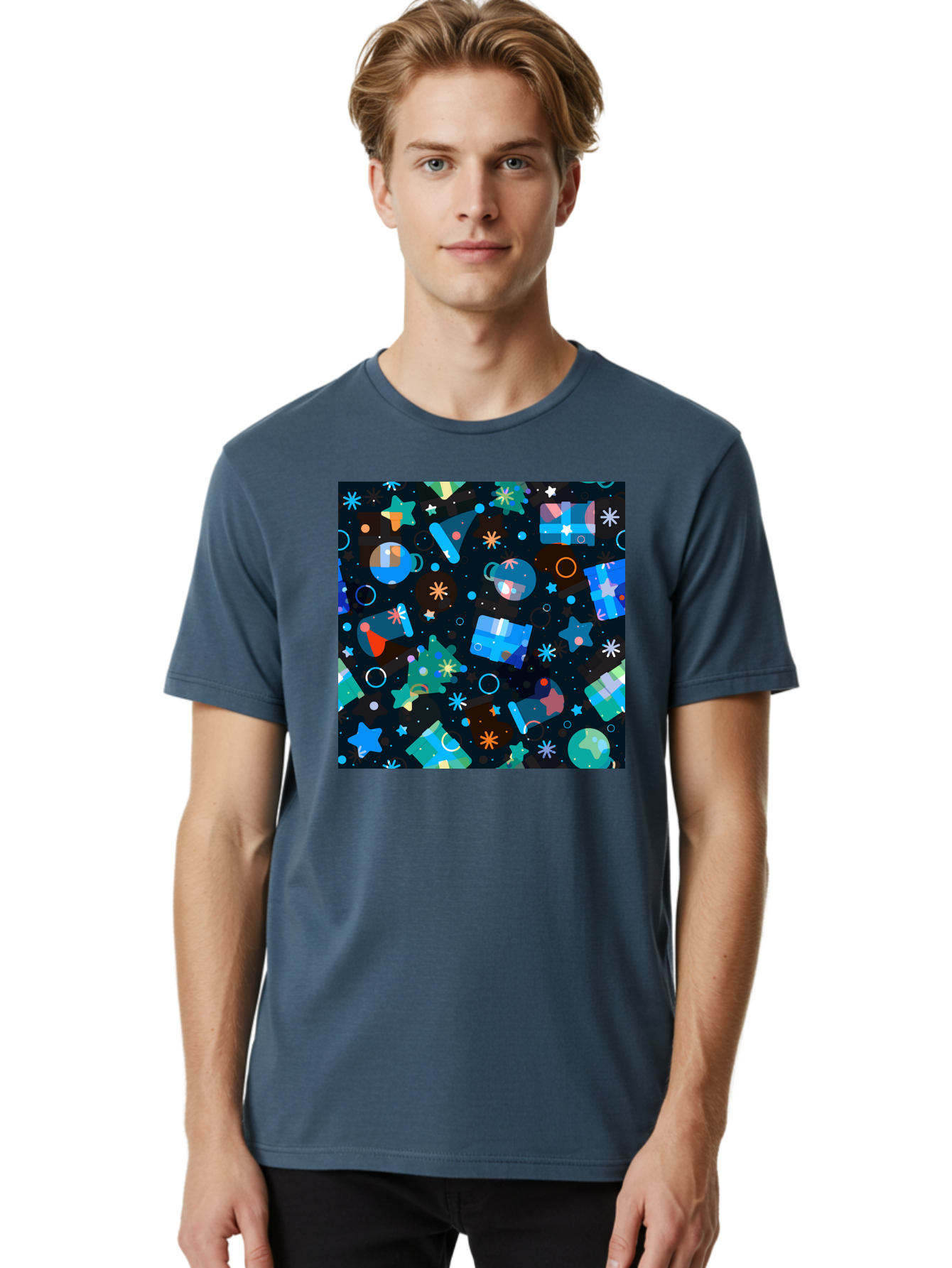 Christmas-Pattern Men'S Graphic Tee, 100% Cotton, Comfortable Casual Summer Wear, Machine Washable, Party Hats, Festive Decorations, Stars, Confetti, Balloons, Gift Boxes, Mug, Party Blowers, Celebratory Elements, Party Theme Aac385