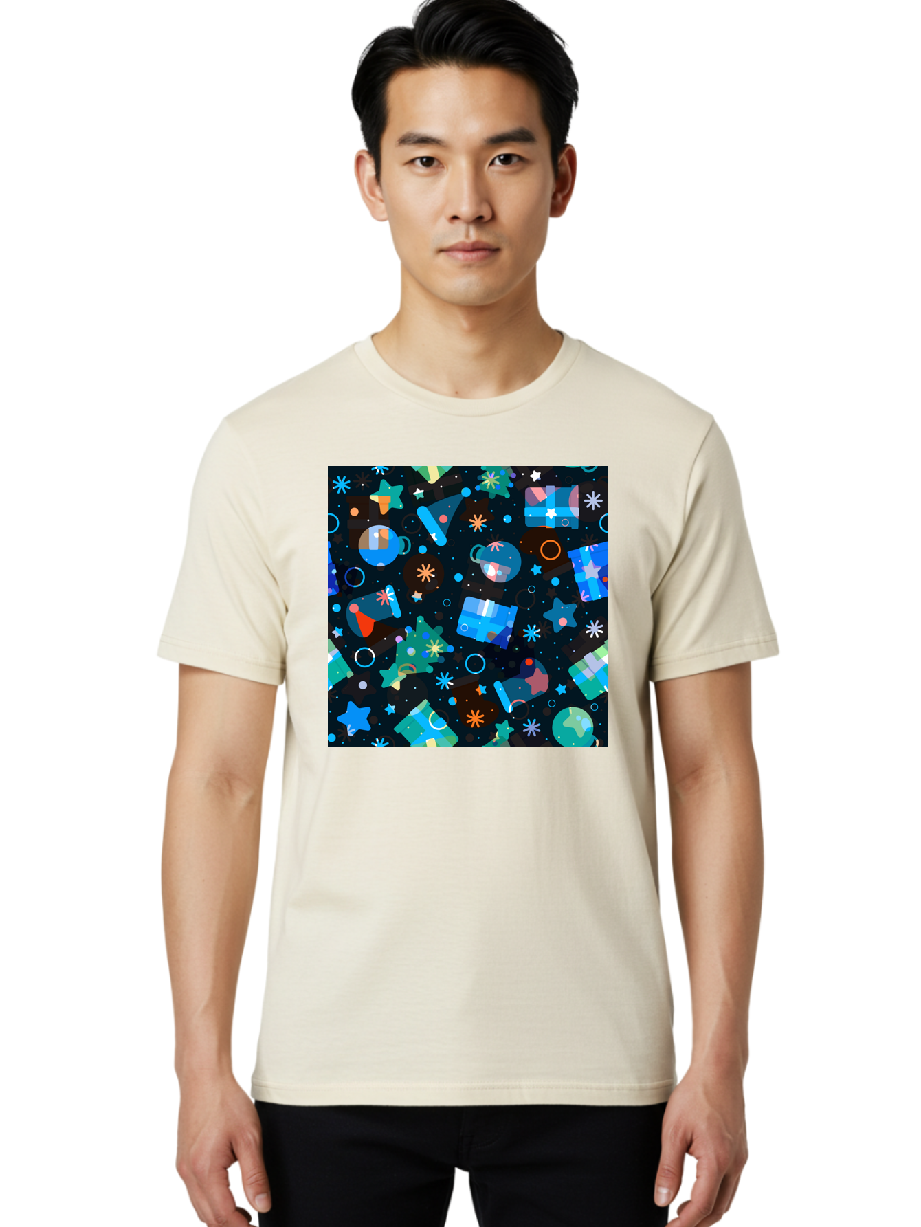 Christmas-Pattern Men'S Graphic Tee, 100% Cotton, Comfortable Casual Summer Wear, Machine Washable, Party Hats, Festive Decorations, Stars, Confetti, Balloons, Gift Boxes, Mug, Party Blowers, Celebratory Elements, Party Theme Aac385