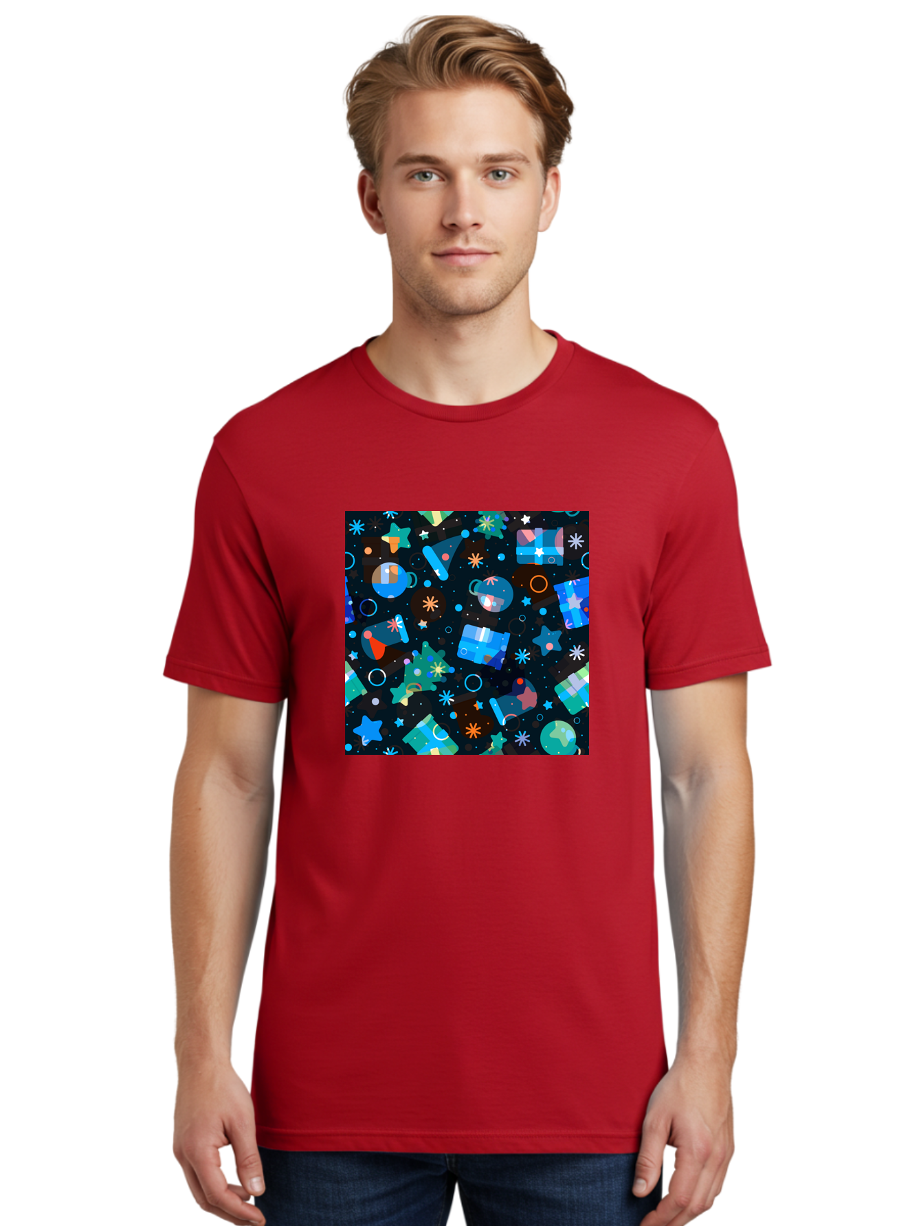 Christmas-Pattern Men'S Graphic Tee, 100% Cotton, Comfortable Casual Summer Wear, Machine Washable, Party Hats, Festive Decorations, Stars, Confetti, Balloons, Gift Boxes, Mug, Party Blowers, Celebratory Elements, Party Theme Aac385