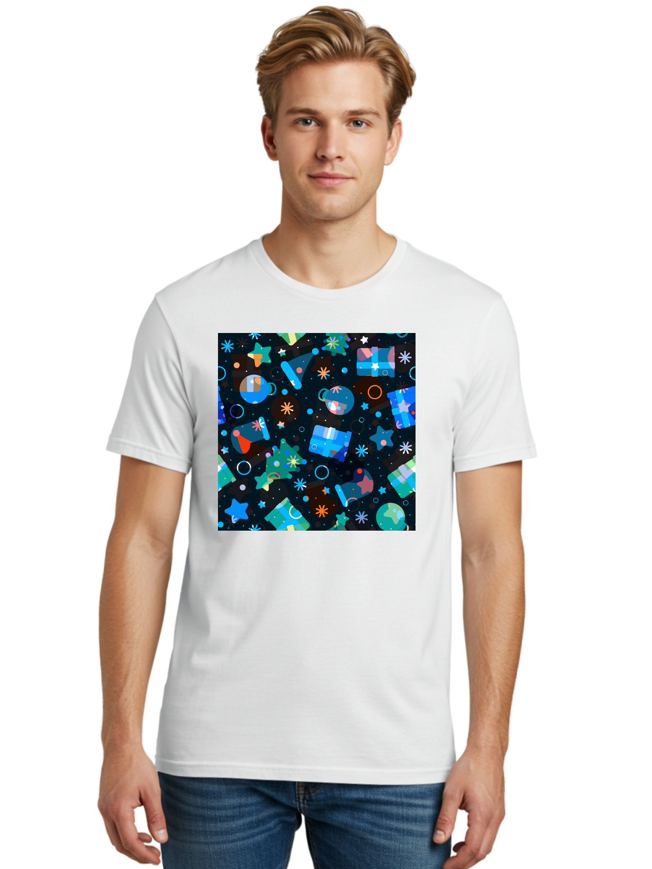 Christmas-Pattern Men'S Graphic Tee, 100% Cotton, Comfortable Casual Summer Wear, Machine Washable, Party Hats, Festive Decorations, Stars, Confetti, Balloons, Gift Boxes, Mug, Party Blowers, Celebratory Elements, Party Theme Aac385