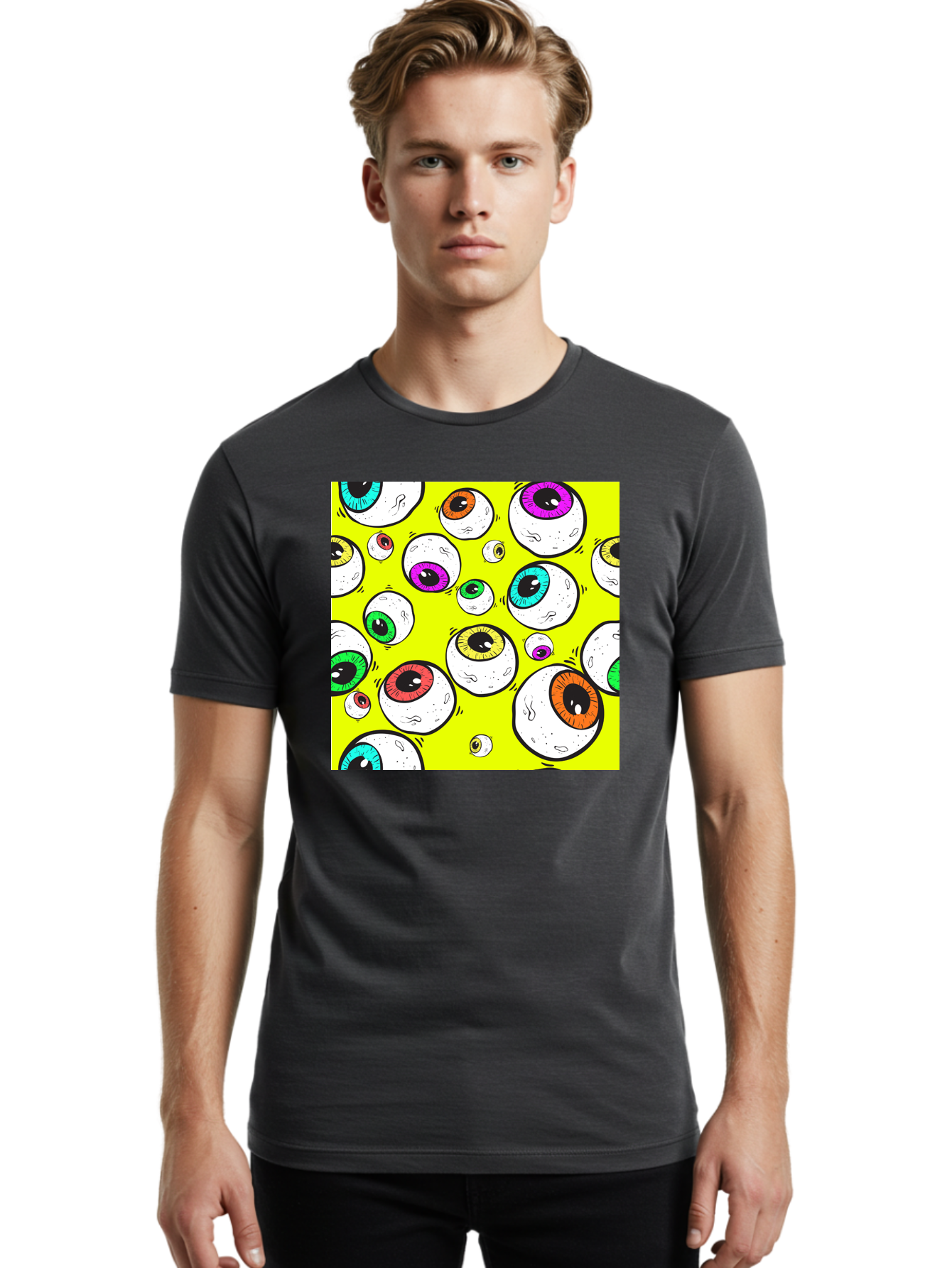 Colorful-Eyeballs Men'S Graphic Tee, 100% Cotton, Comfortable Casual Summer Wear, Machine Washable, Cartoon Eyeballs, Colorful Eyes, Vibrant Colors, Pop Art, Playful Graphics, Quirky Design, Eye-Catching Visuals, Fun Illustration, Aac386