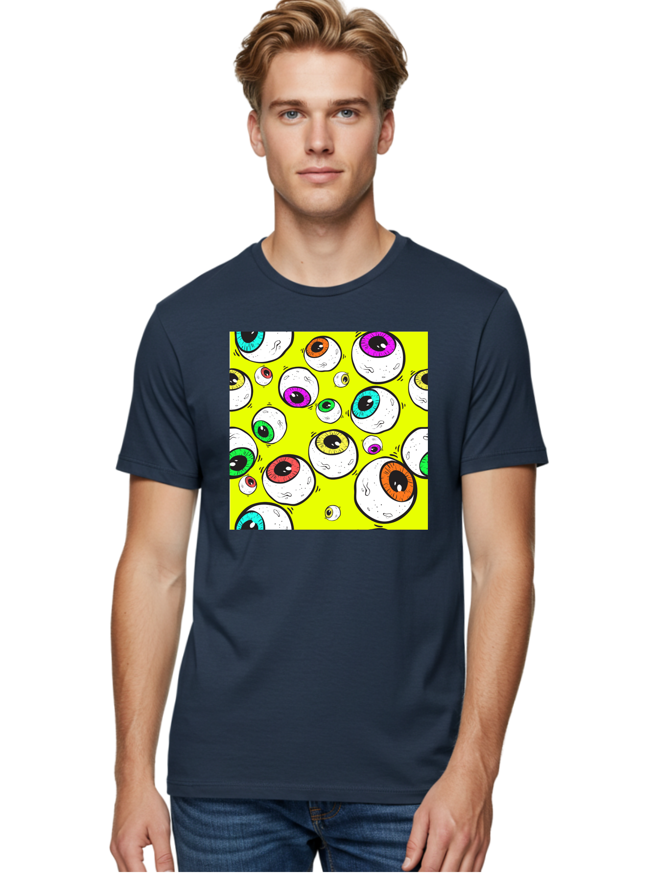 Colorful-Eyeballs Men'S Graphic Tee, 100% Cotton, Comfortable Casual Summer Wear, Machine Washable, Cartoon Eyeballs, Colorful Eyes, Vibrant Colors, Pop Art, Playful Graphics, Quirky Design, Eye-Catching Visuals, Fun Illustration, Aac386